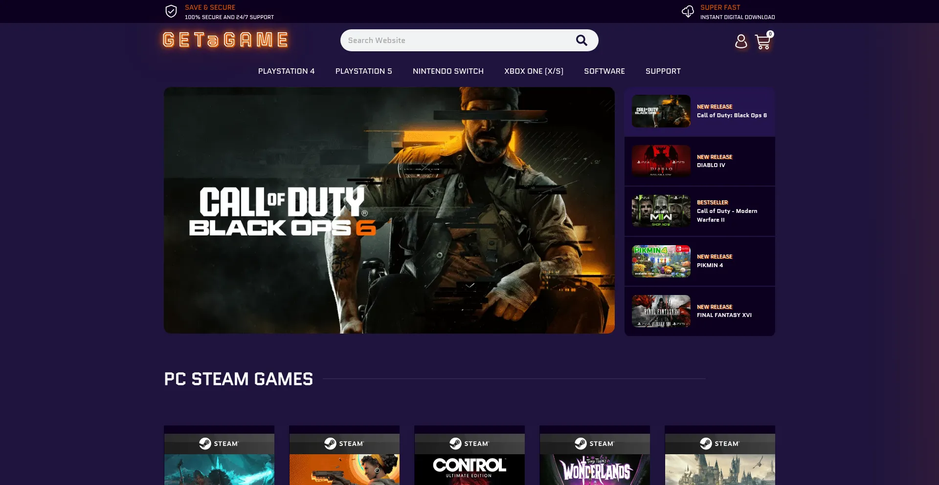 Website screenshot of Getagame.com