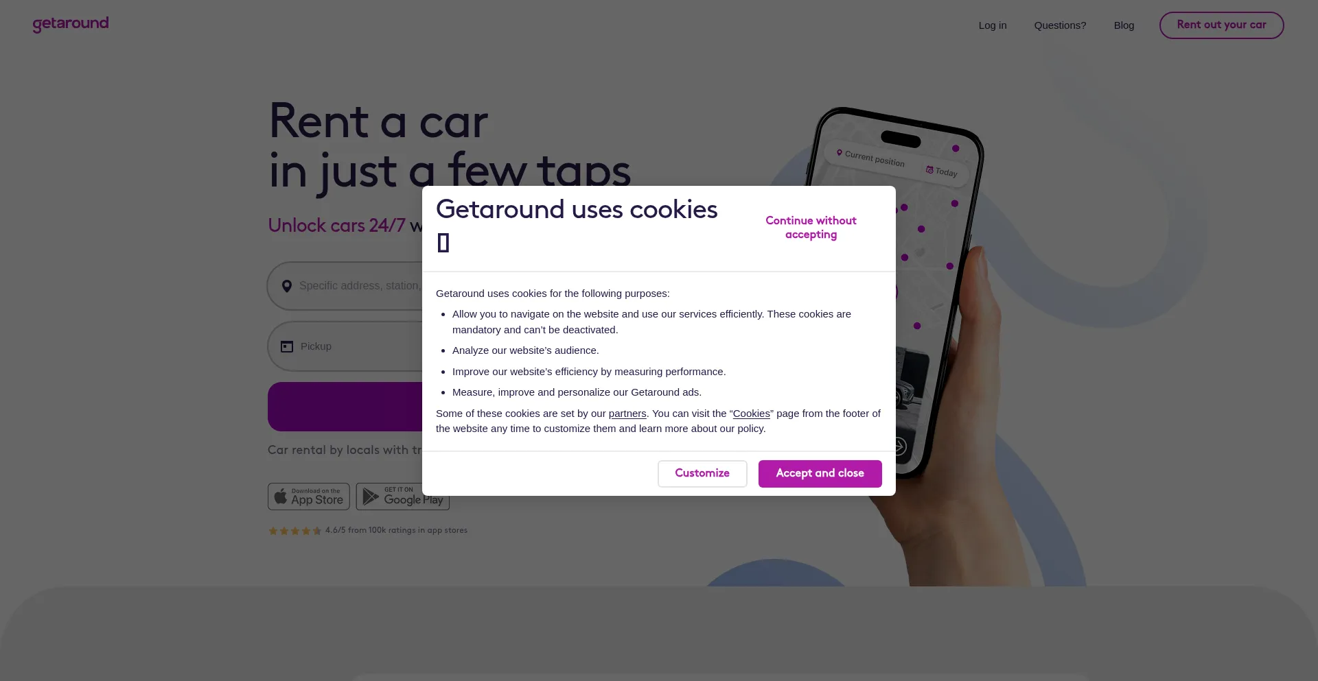 Website screenshot of Getaround.com
