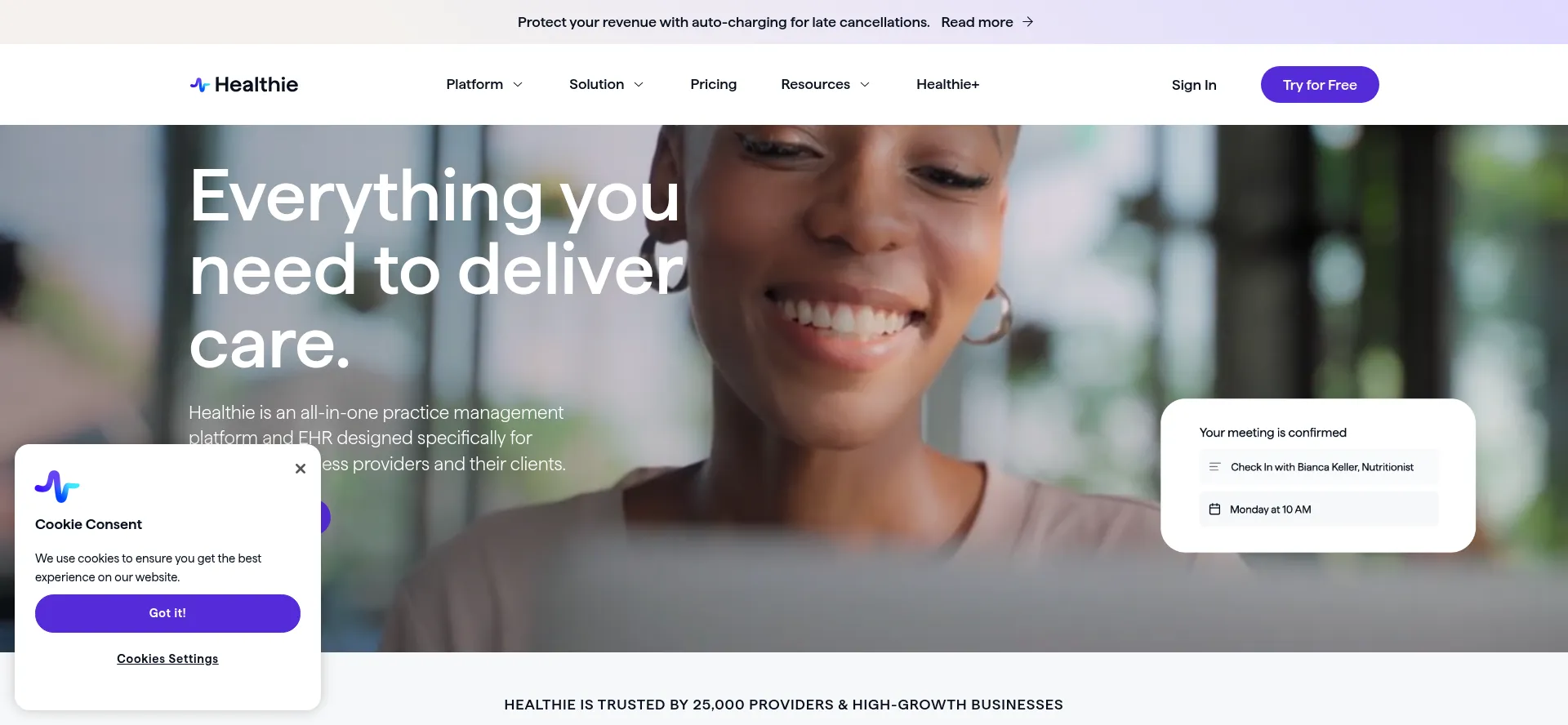 Website screenshot of Gethealthie.com