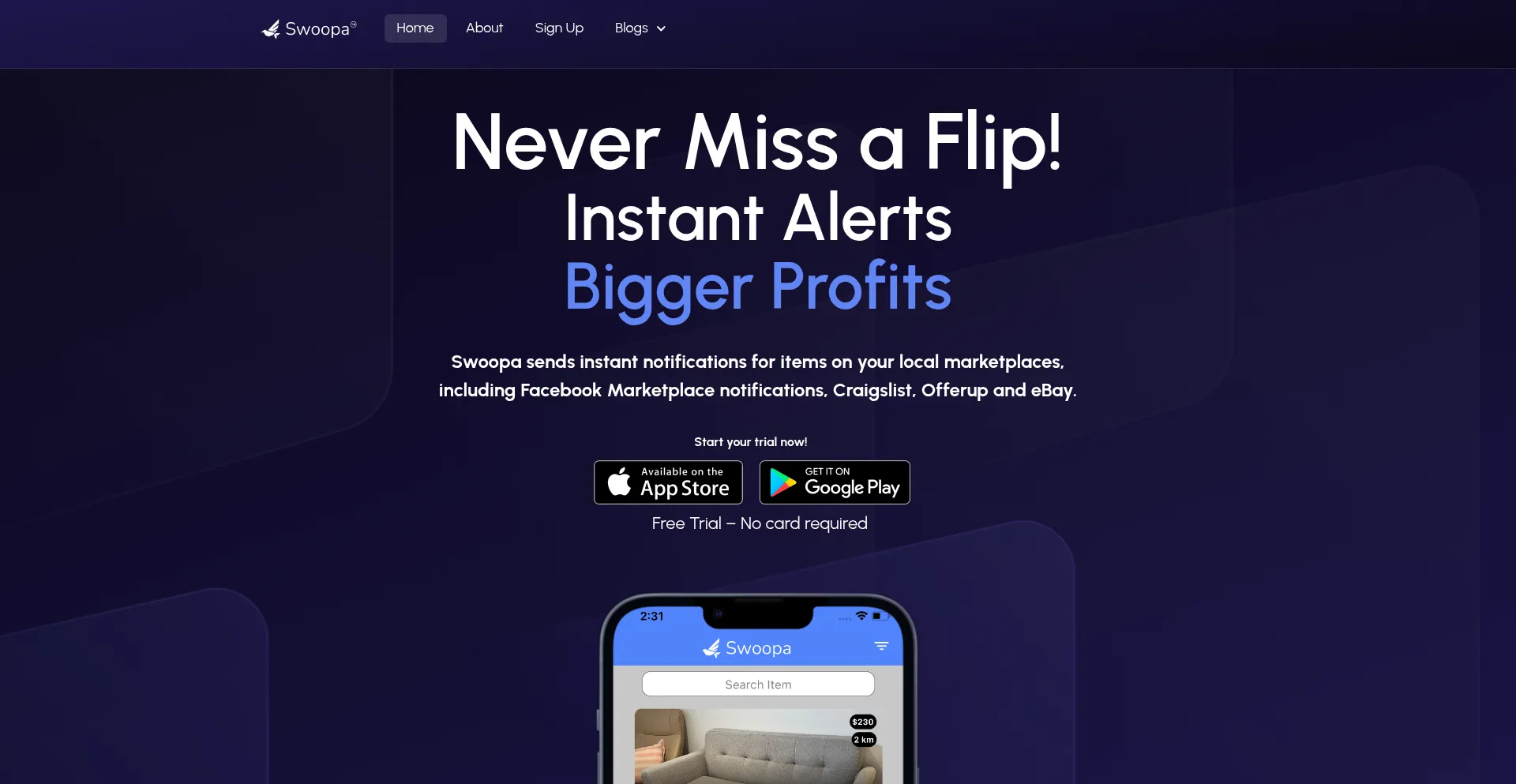 Website screenshot of Getswoopa.com