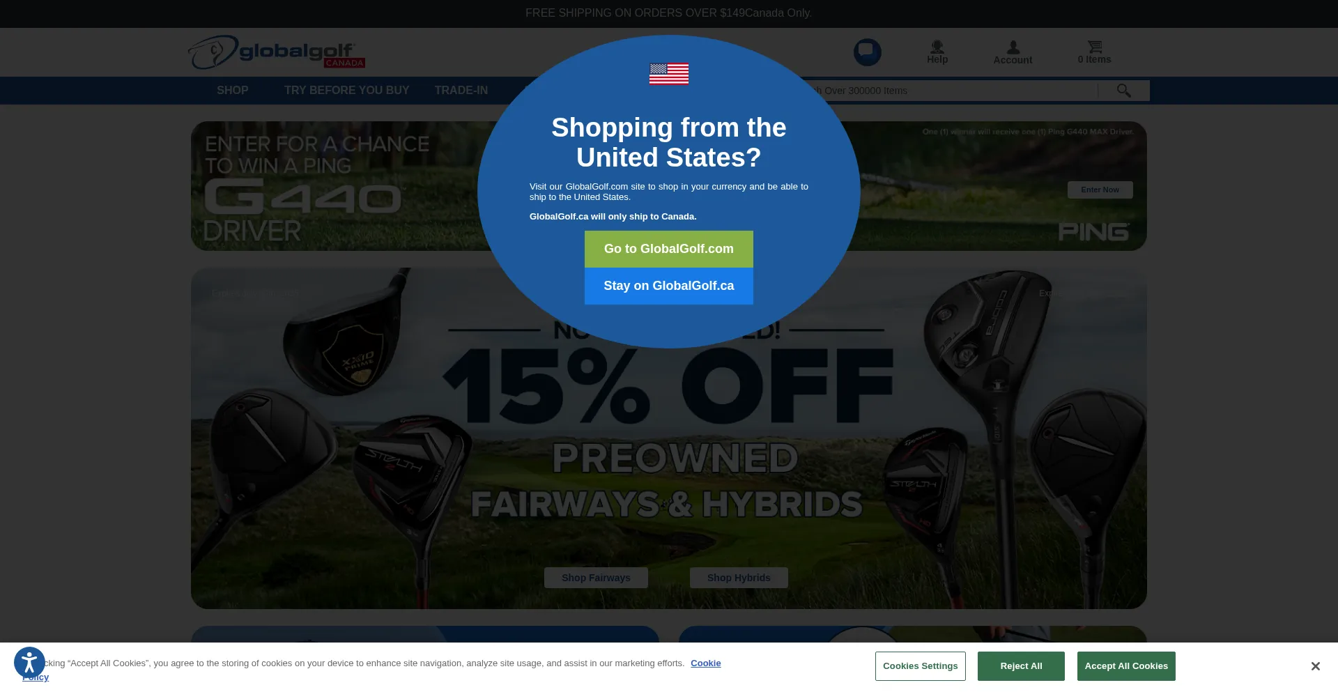 Website screenshot of Globalgolf.ca