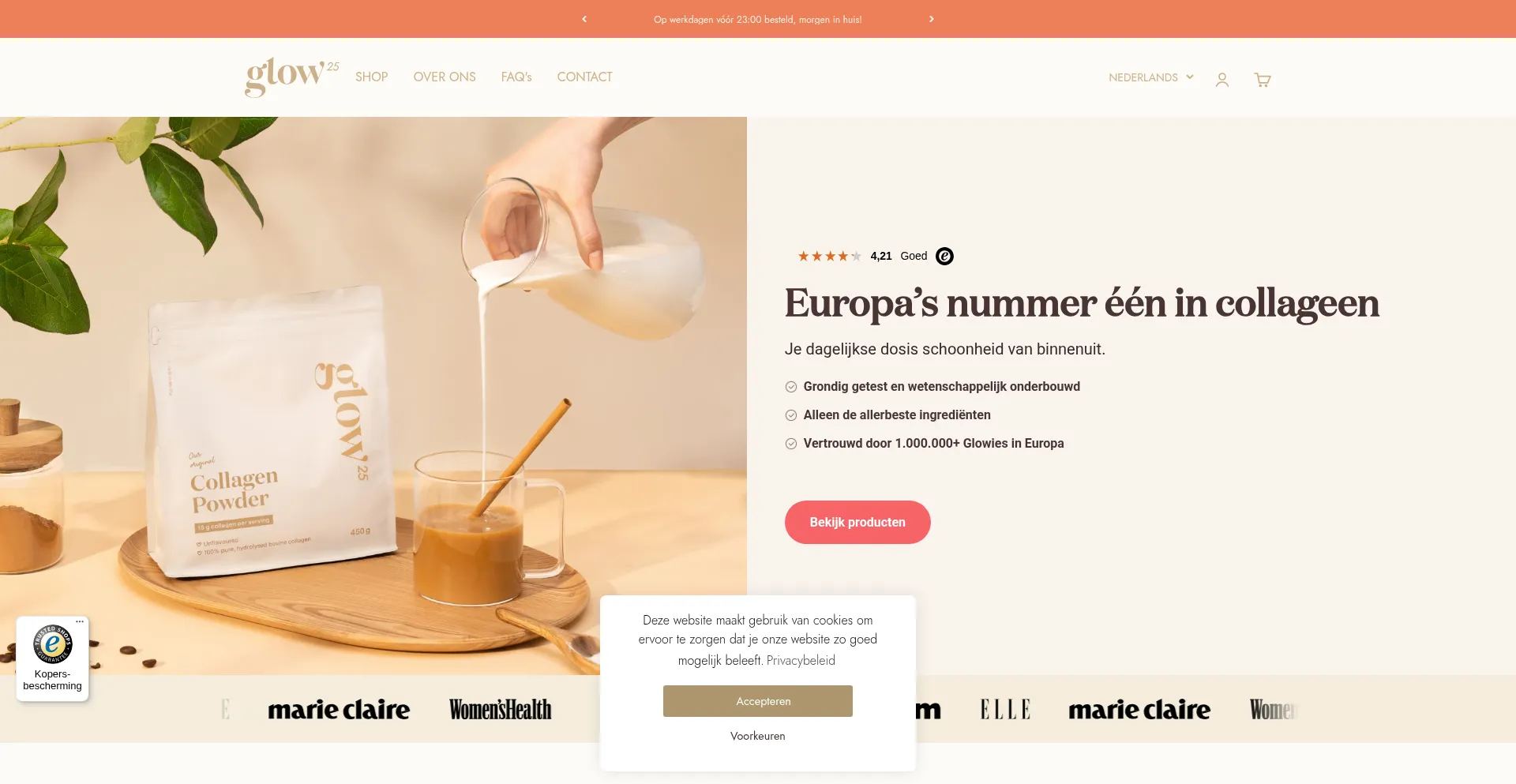Website screenshot of Glow25.nl