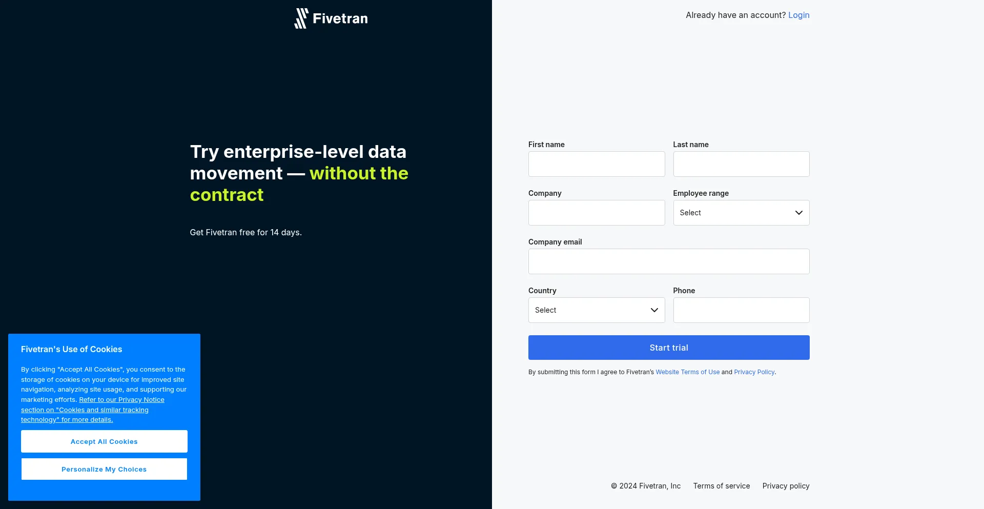 Website screenshot of Go.fivetran.com