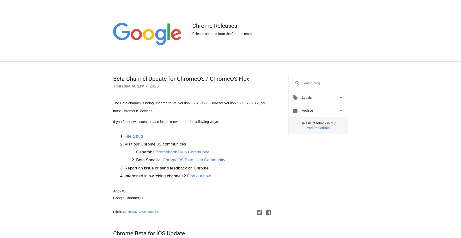 Website screenshot of Googlechromereleases.blogspot.com