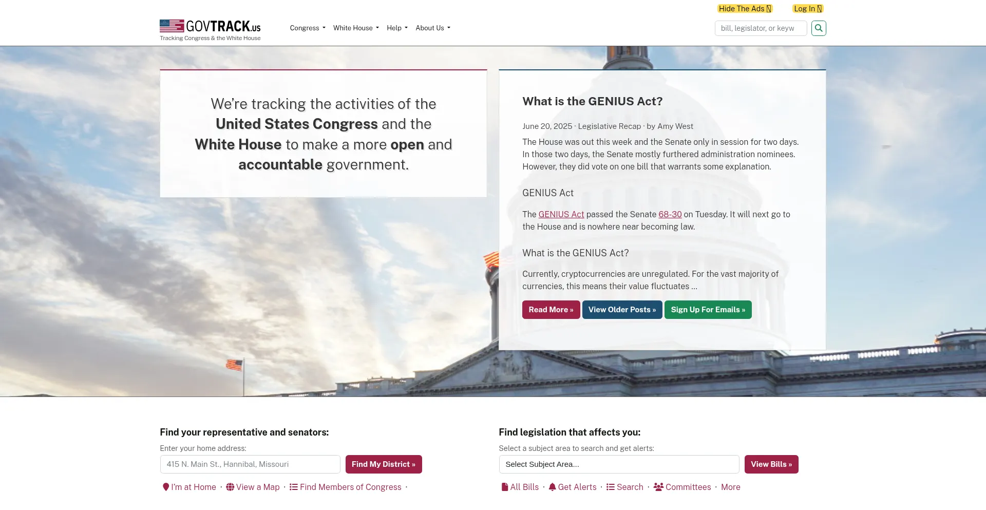 Website screenshot of Govtrack.us
