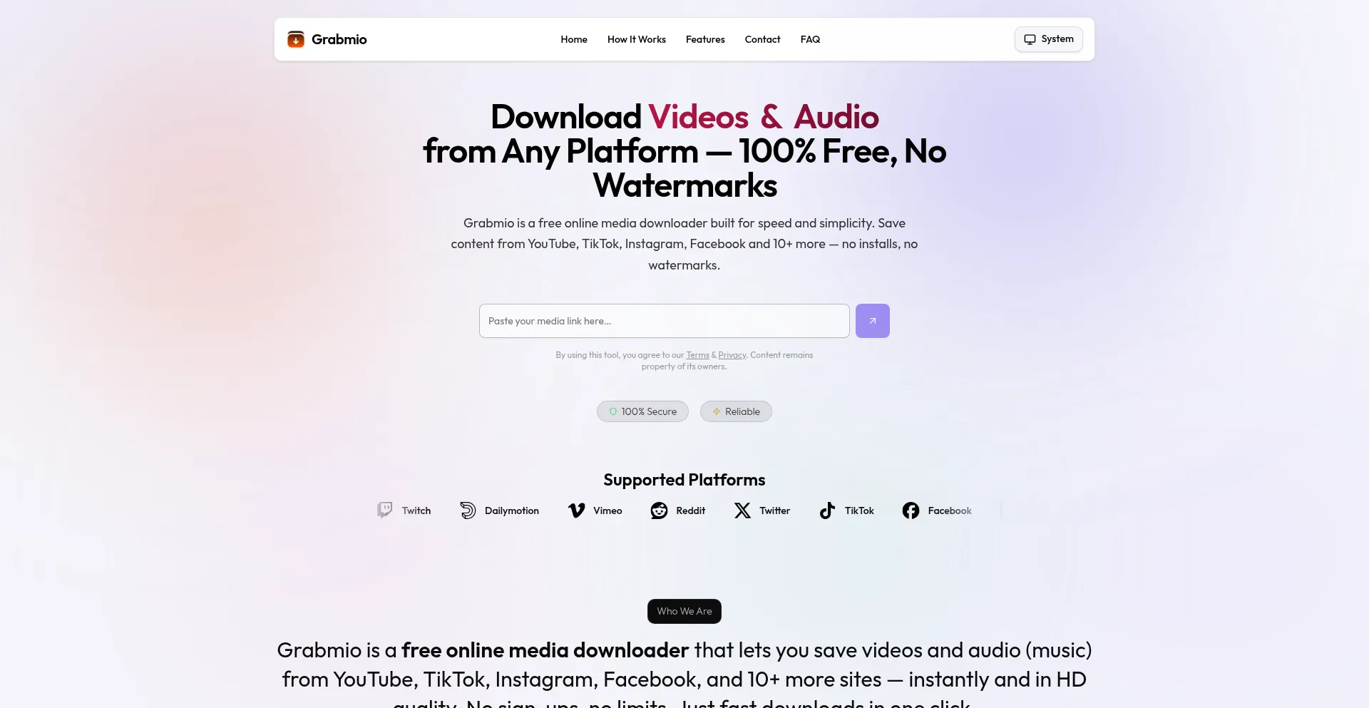 Website screenshot of Grabmio.com