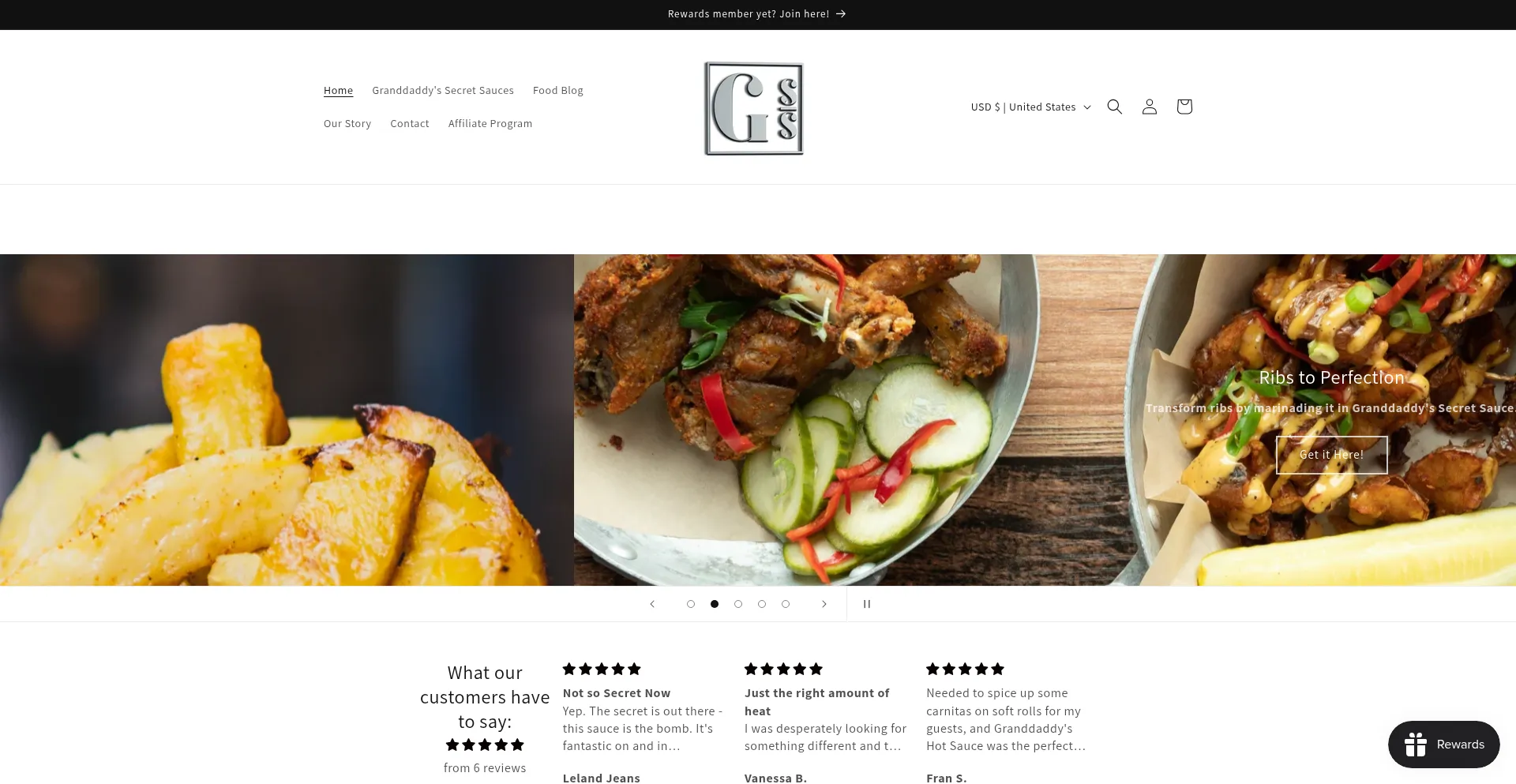 Website screenshot of Granddaddyshotsauce.com