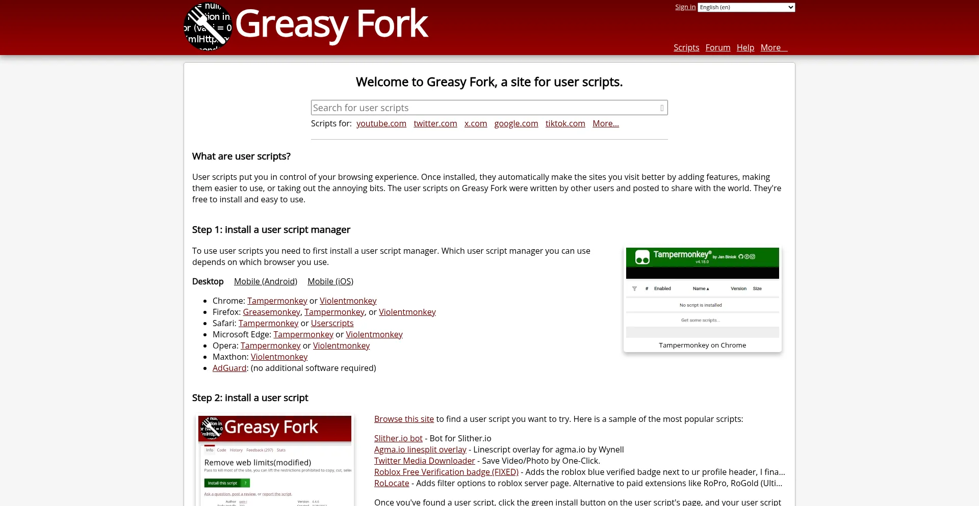 Website screenshot of Greasyfork.org