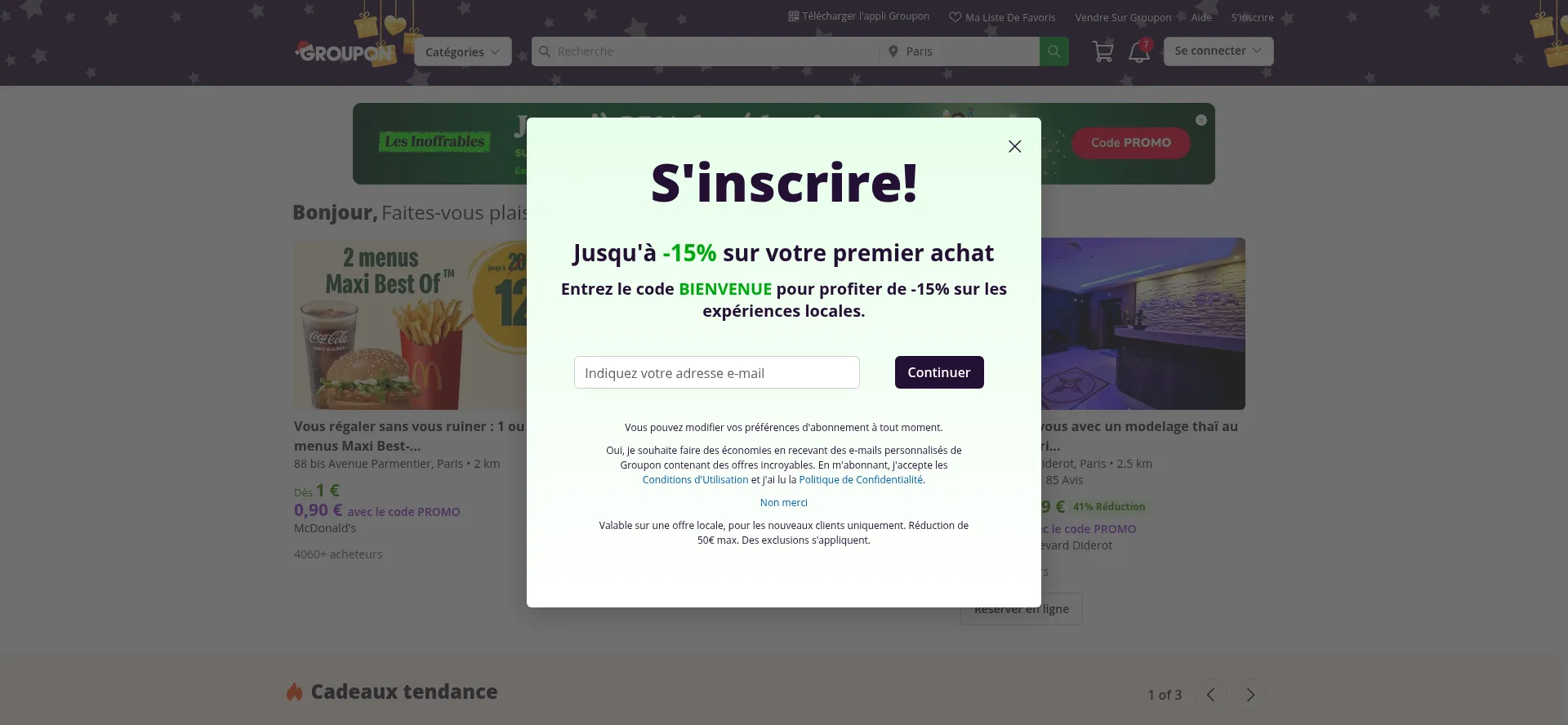 Website screenshot of Groupon.fr