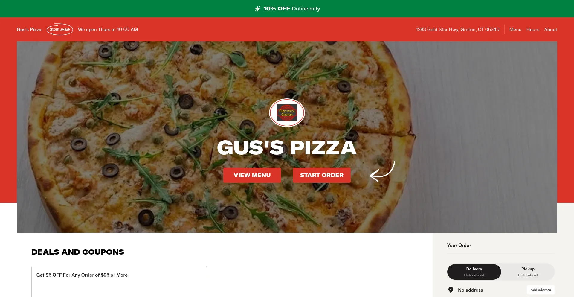 Website screenshot of Gusspizzagroton.com