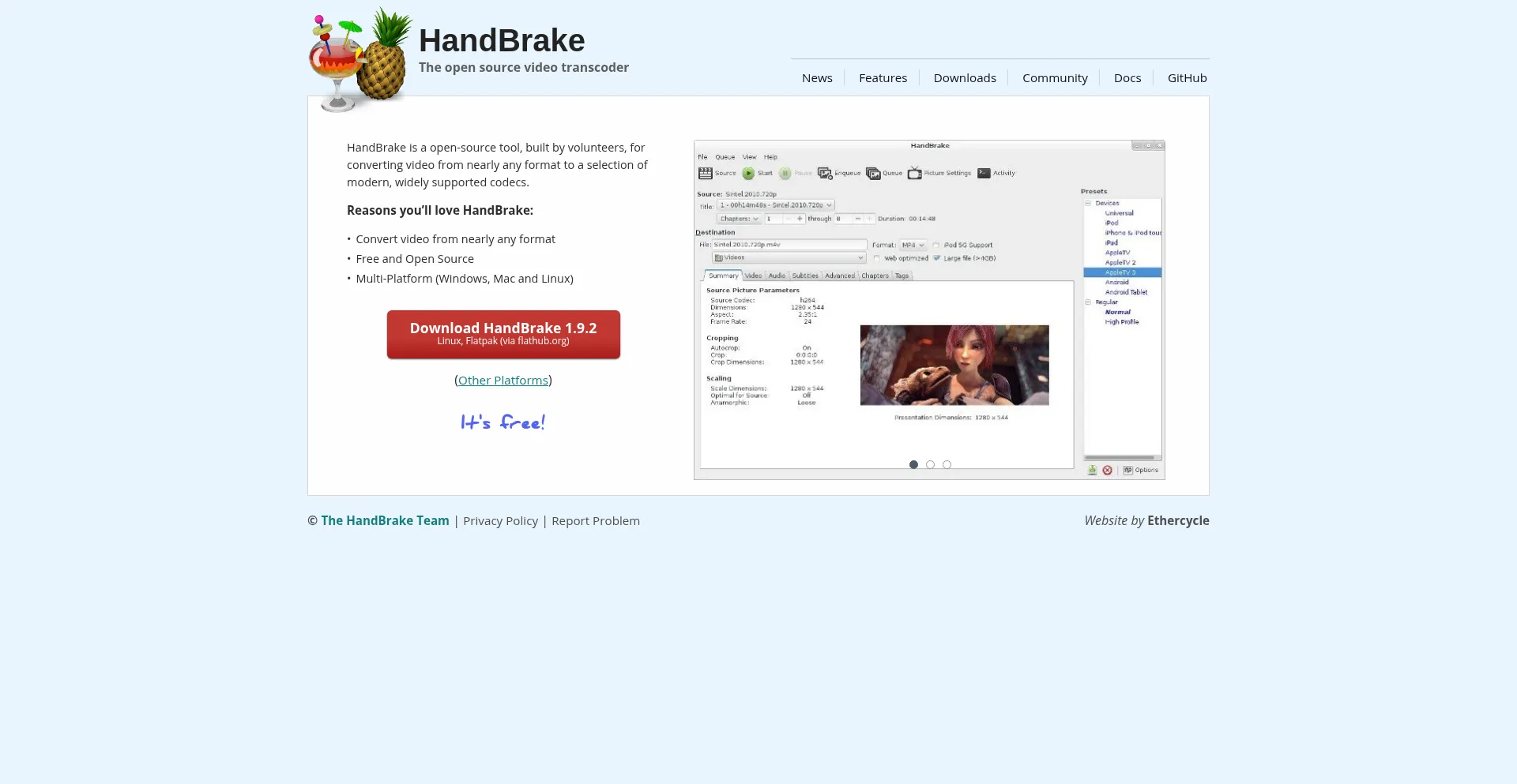 Website screenshot of Handbrake.fr