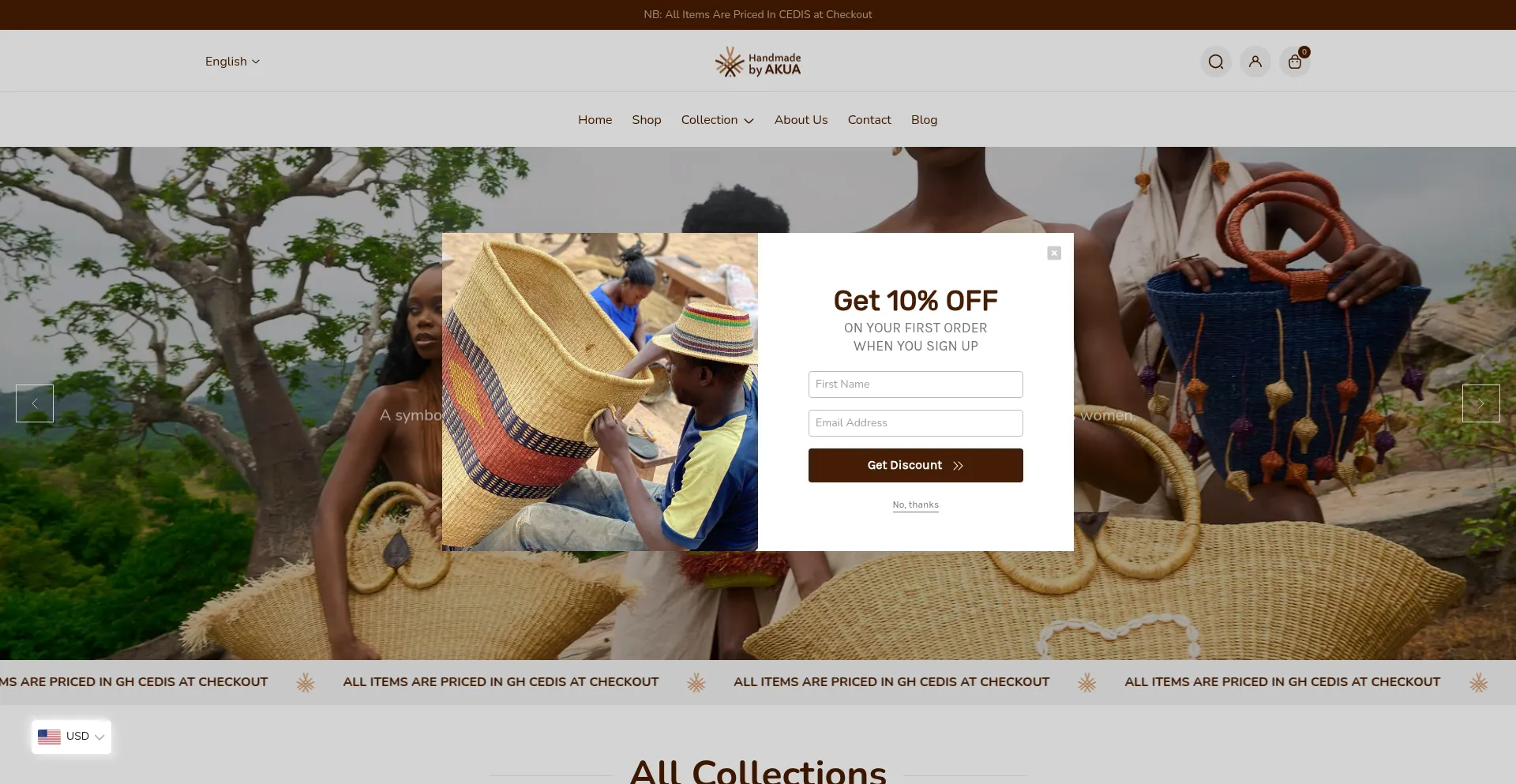 Website screenshot of Handmadebyakua.com