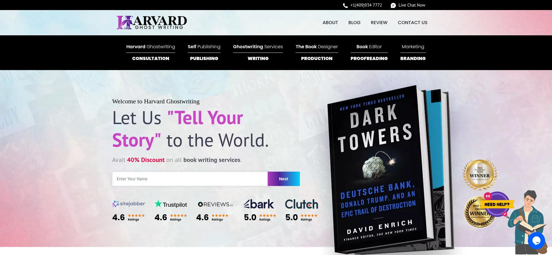 Website screenshot of Harvardghostwriting.com