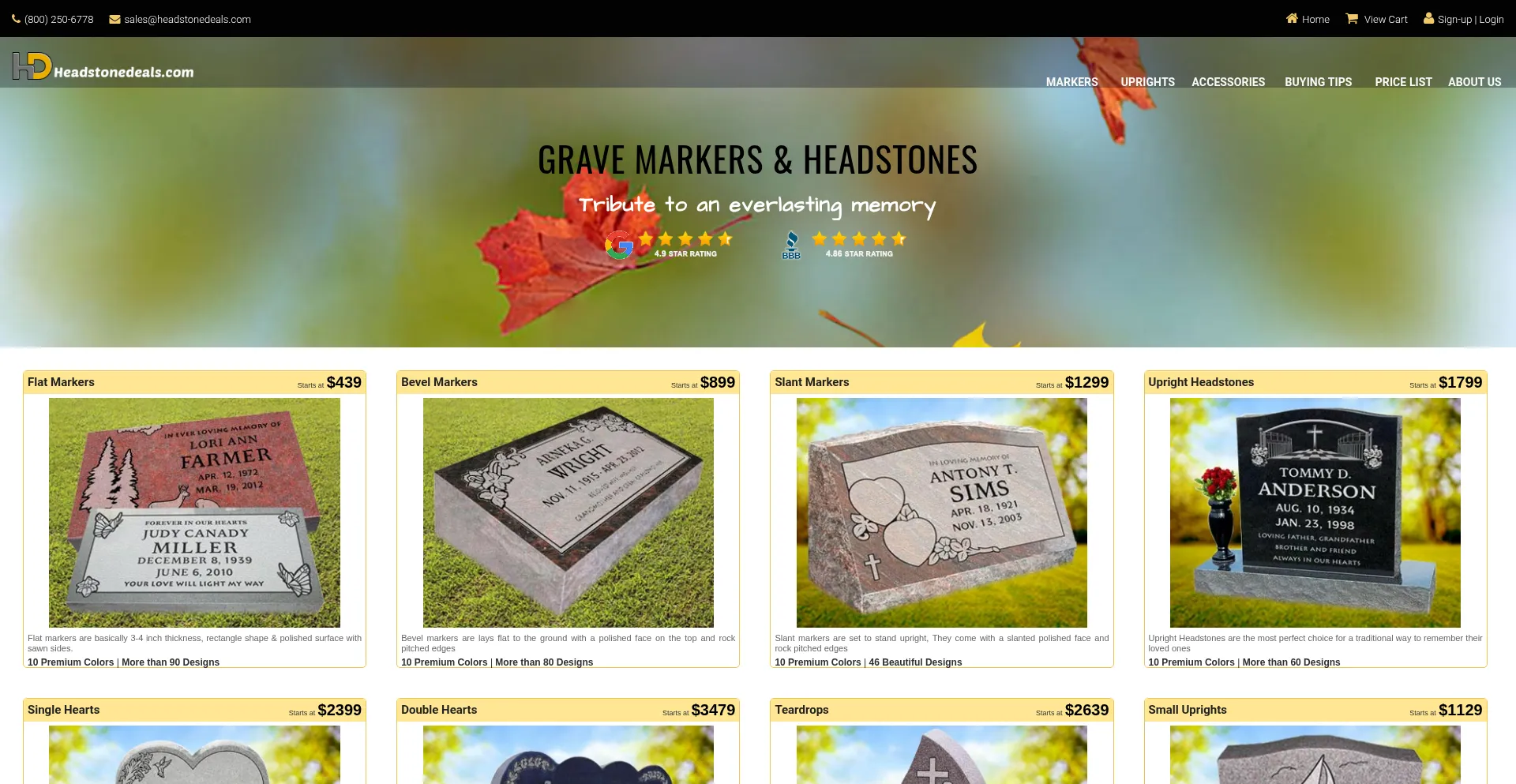 Website screenshot of Headstonedeals.com