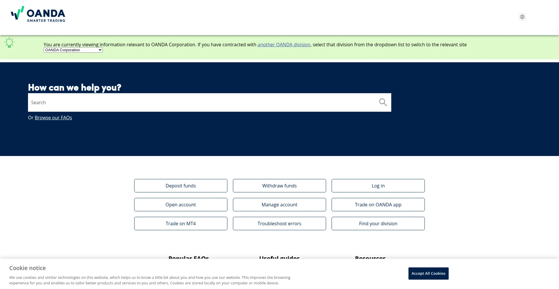 Website screenshot of Help.oanda.com
