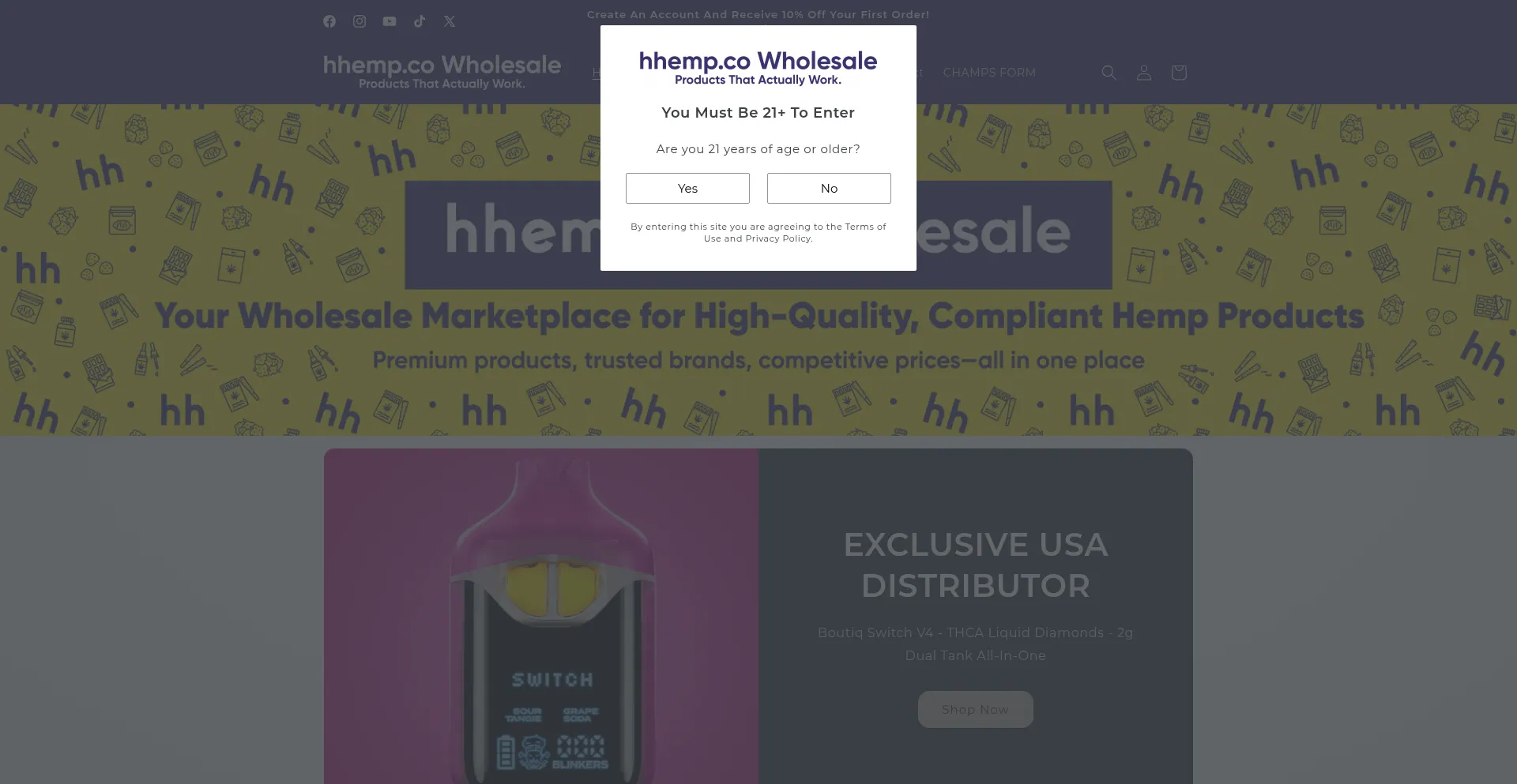 Website screenshot of Hhempcowholesale.com