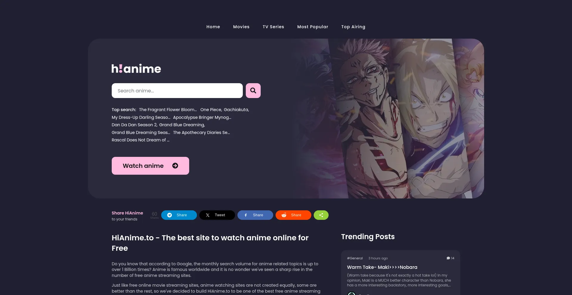 Website screenshot of Hianime.cx