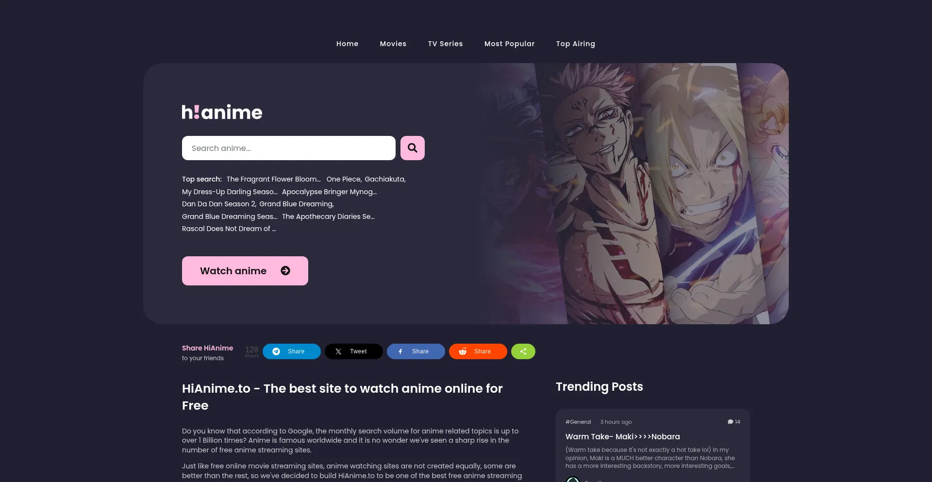 Website screenshot of Hianime.gs