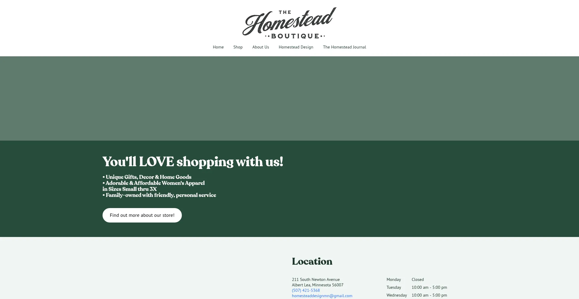 Website screenshot of Homesteadboutique.square.site
