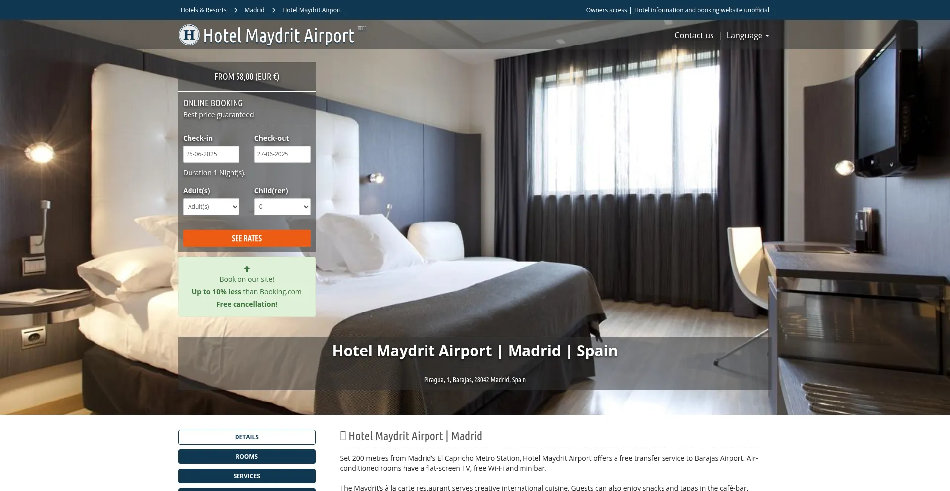 Website screenshot of Hotelmaydritairport.com-hotel.com