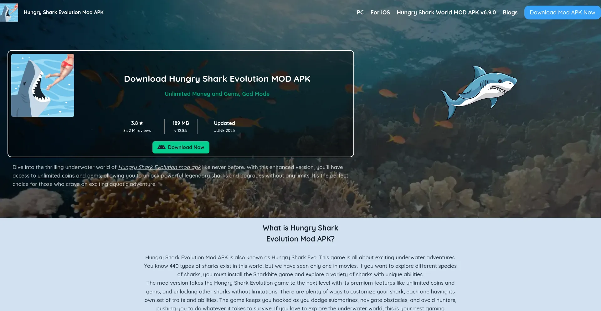 Website screenshot of Hungrysharkmodsapk.com