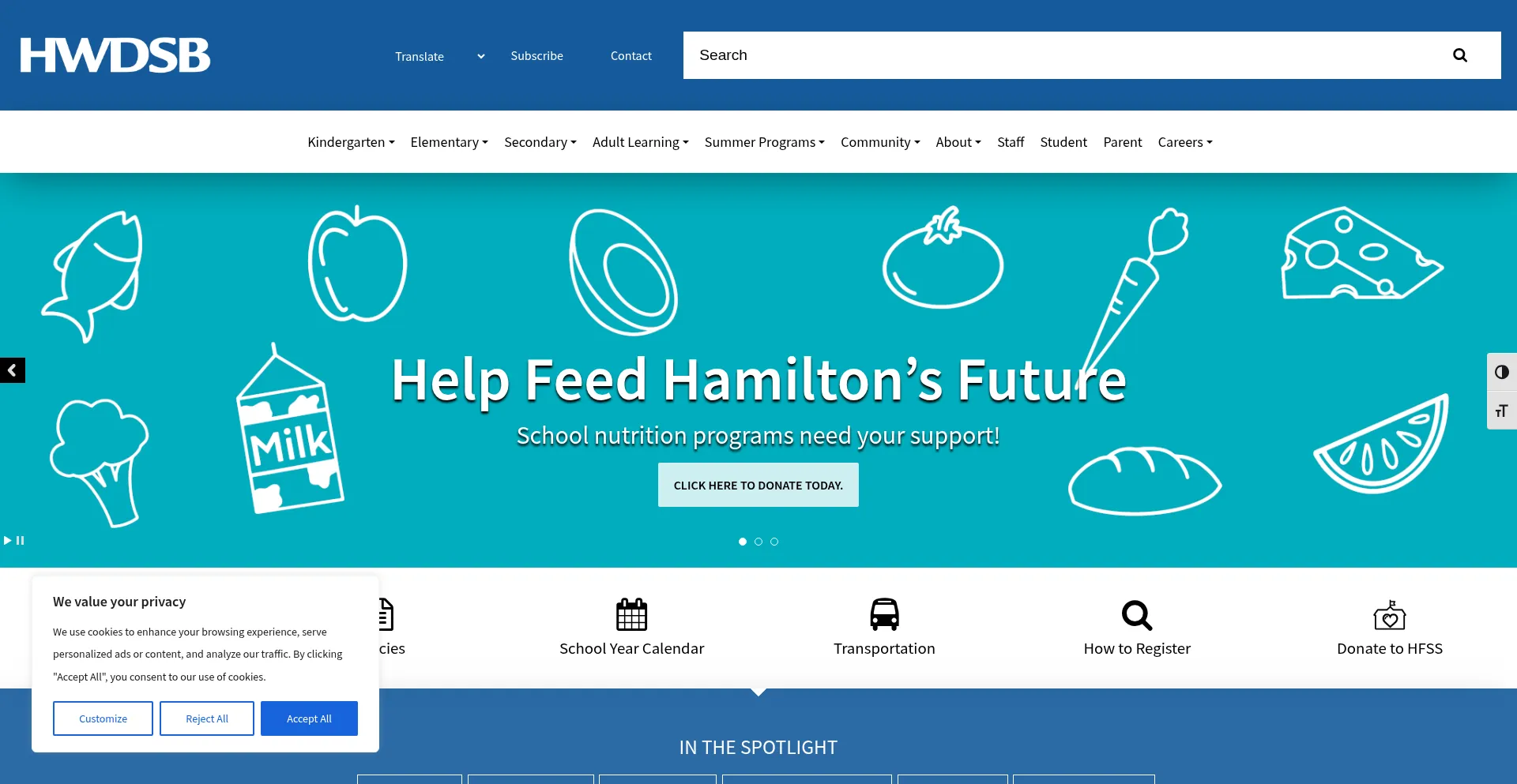 Website screenshot of Hwdsb.on.ca