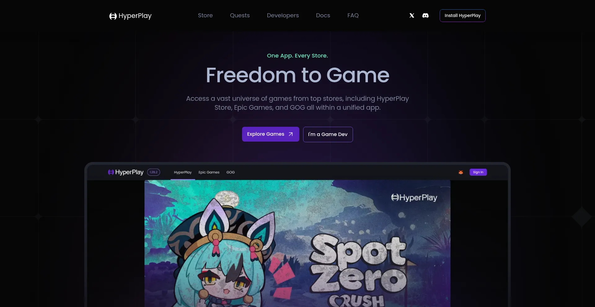 Website screenshot of Hyperplay.xyz