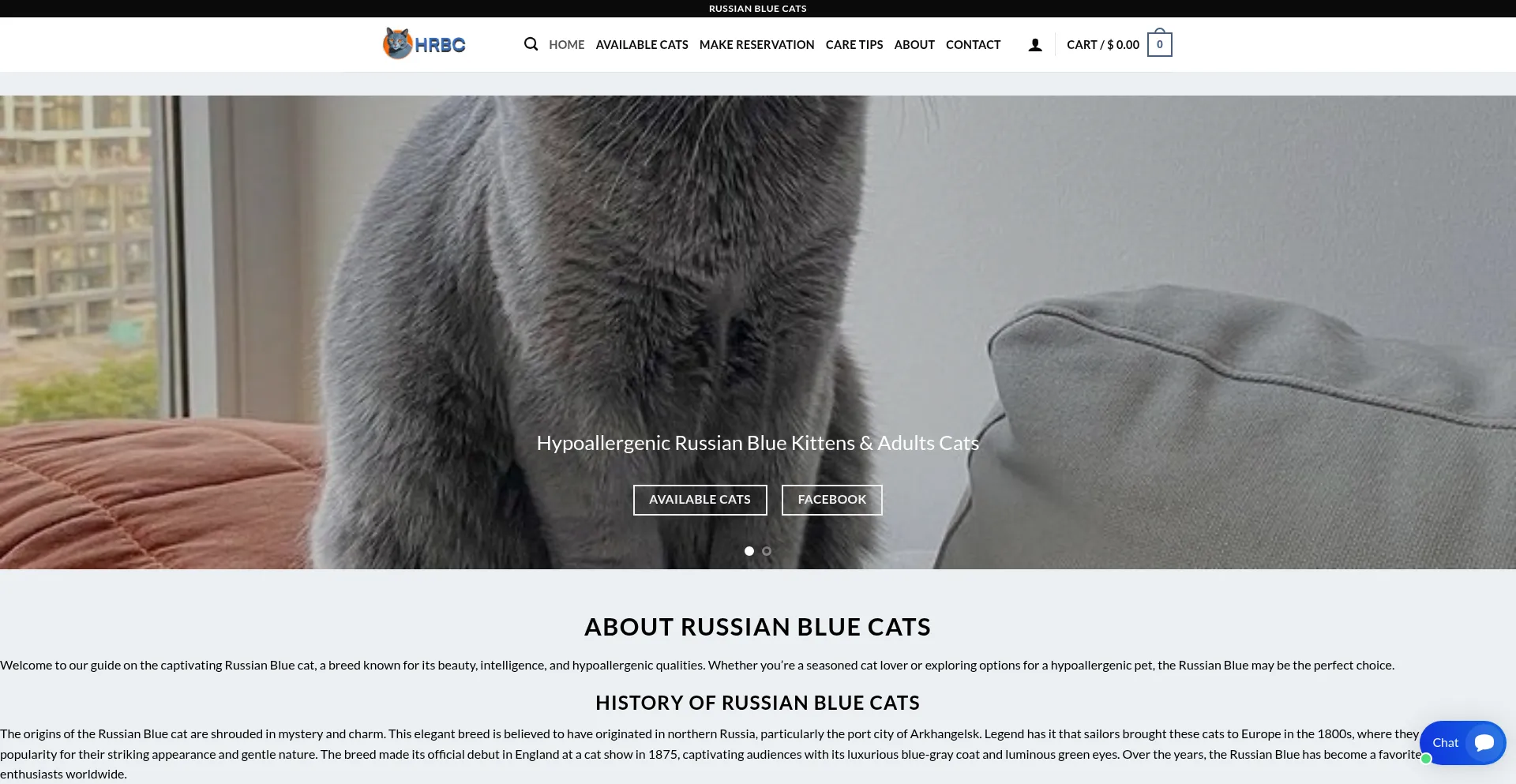 Website screenshot of Hypoallergenicrussianblue.com