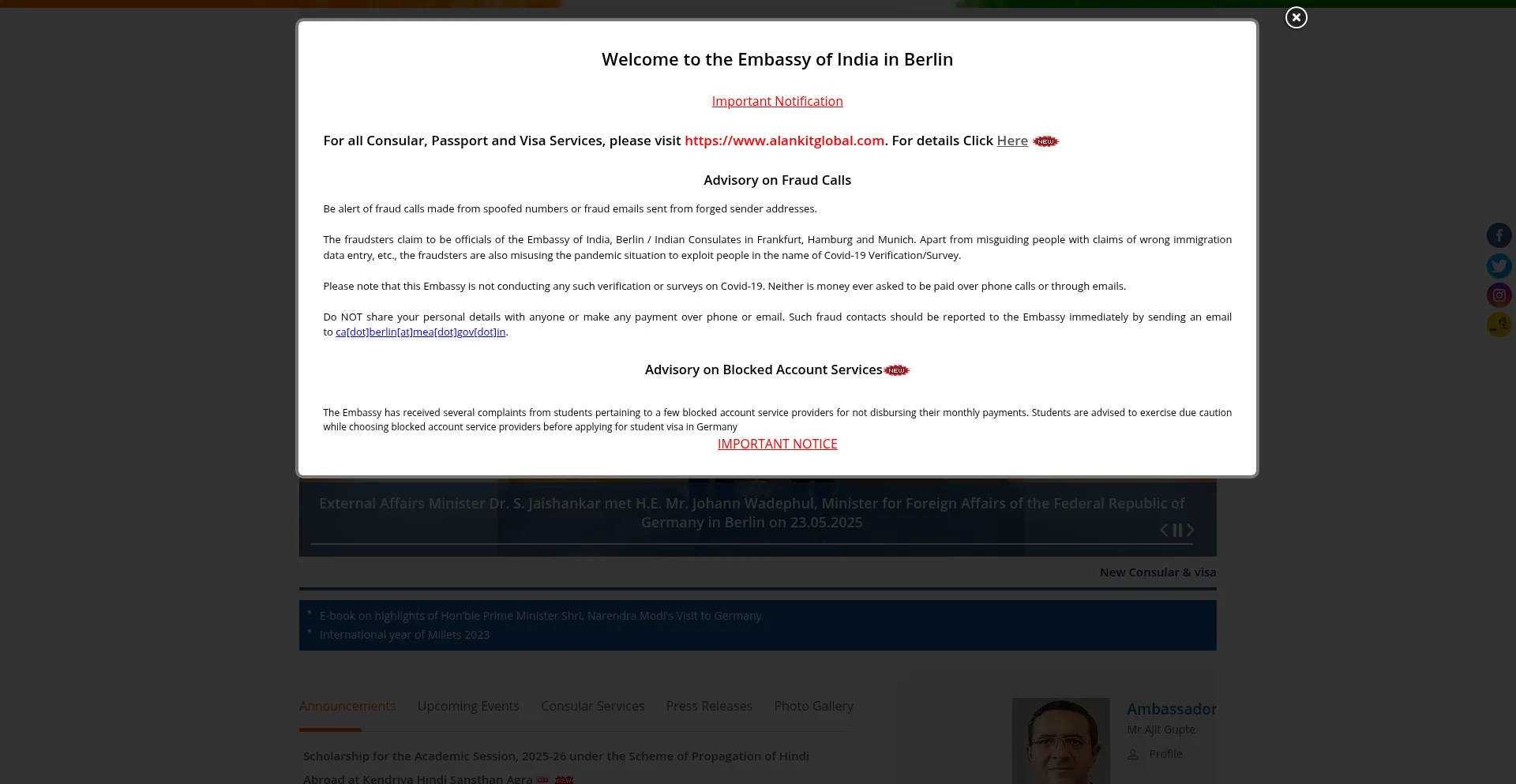 Website screenshot of Indianembassyberlin.gov.in