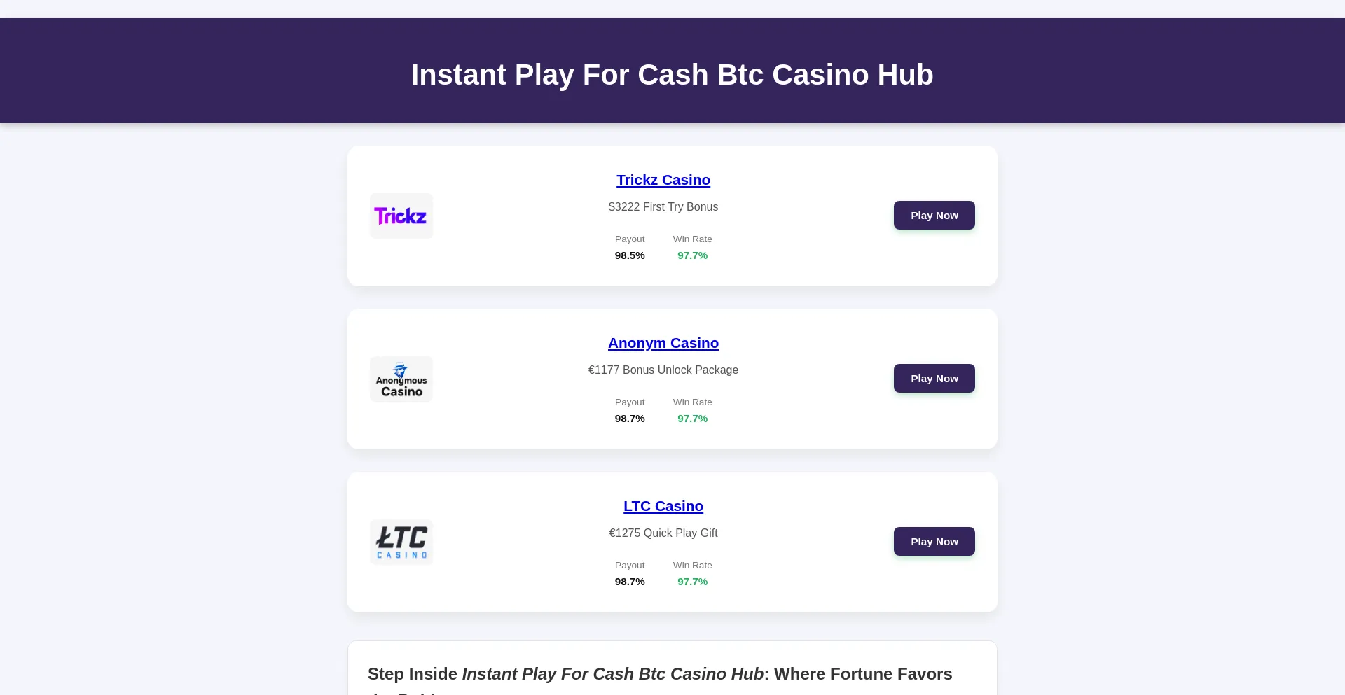 Website screenshot of Instantplayforcashbtccasinohub.shop