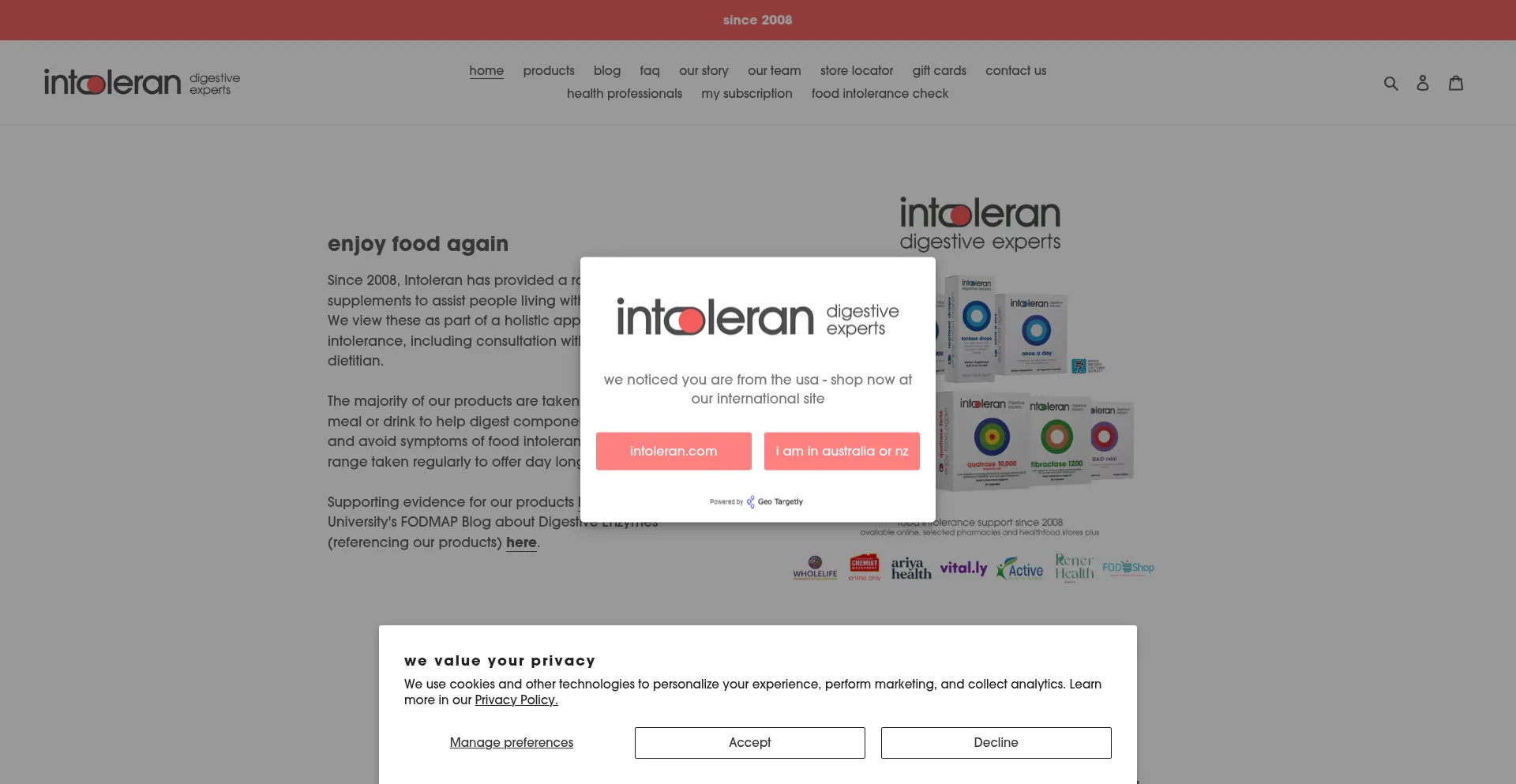 Website screenshot of Intoleran.com.au