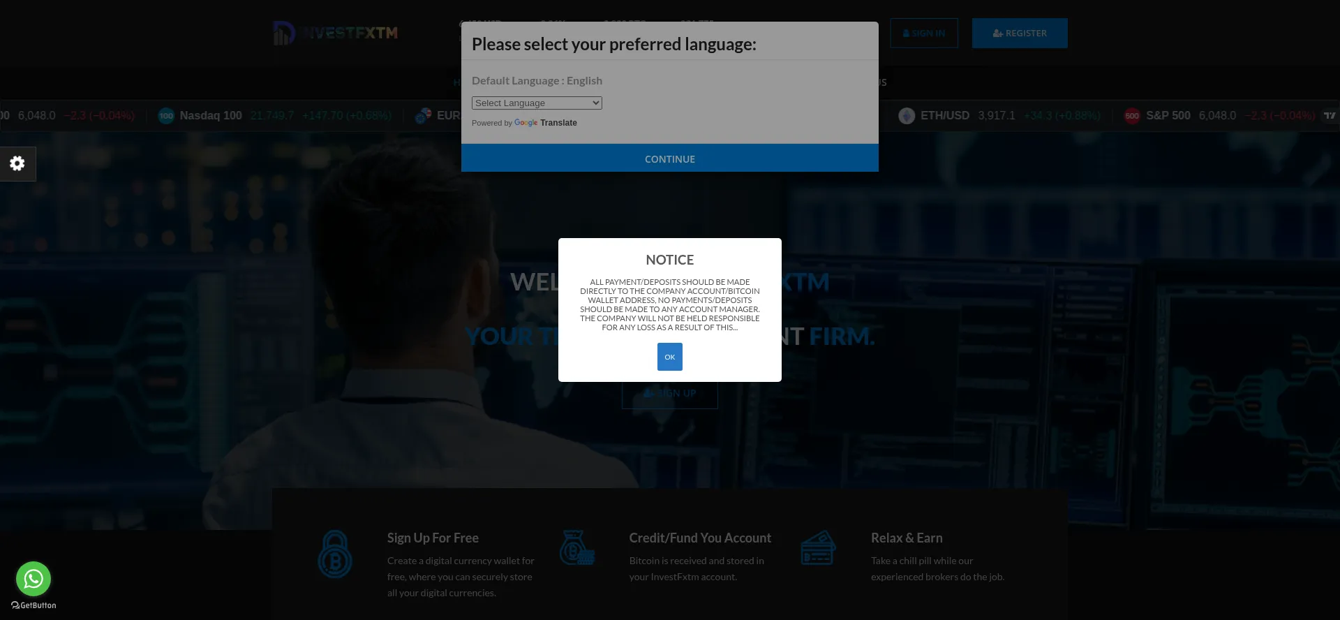 Website screenshot of Investfxtm.com