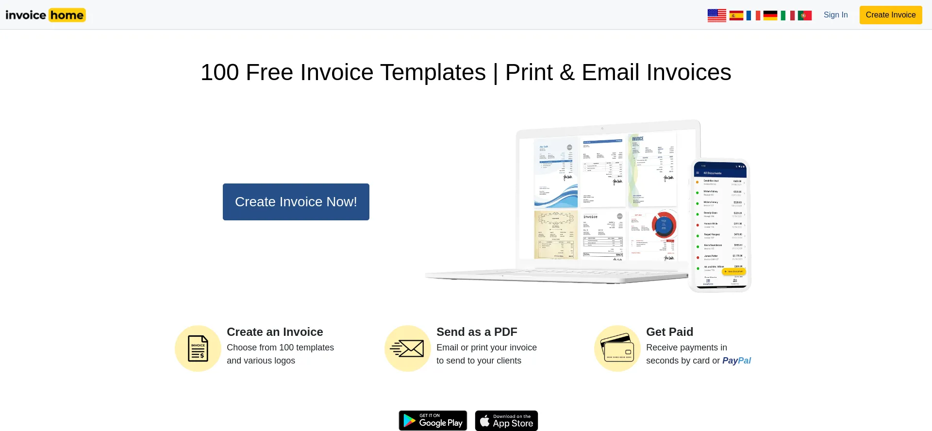 Website screenshot of Invoicehome.com