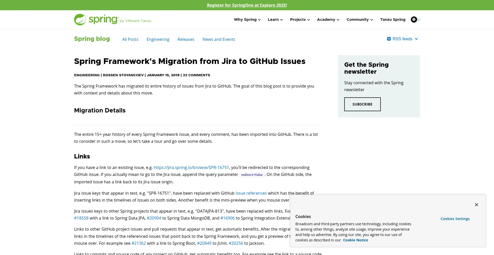 Website screenshot of Jira.springframework.org