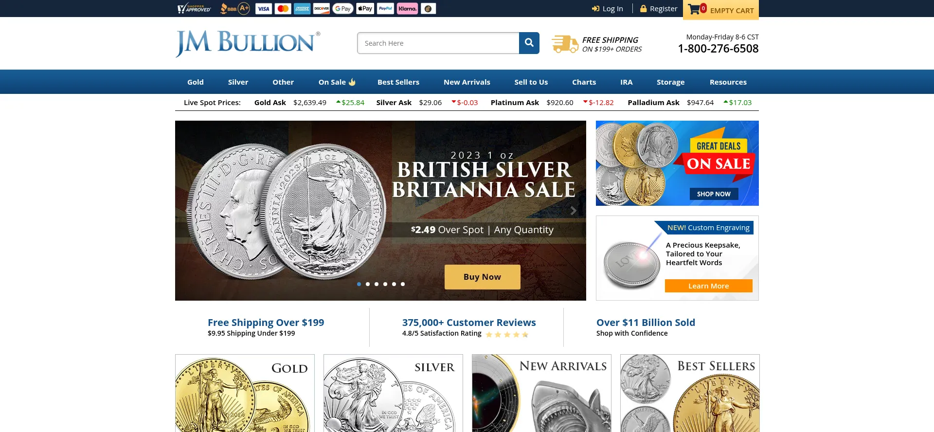 Website screenshot of Jmbullion.com