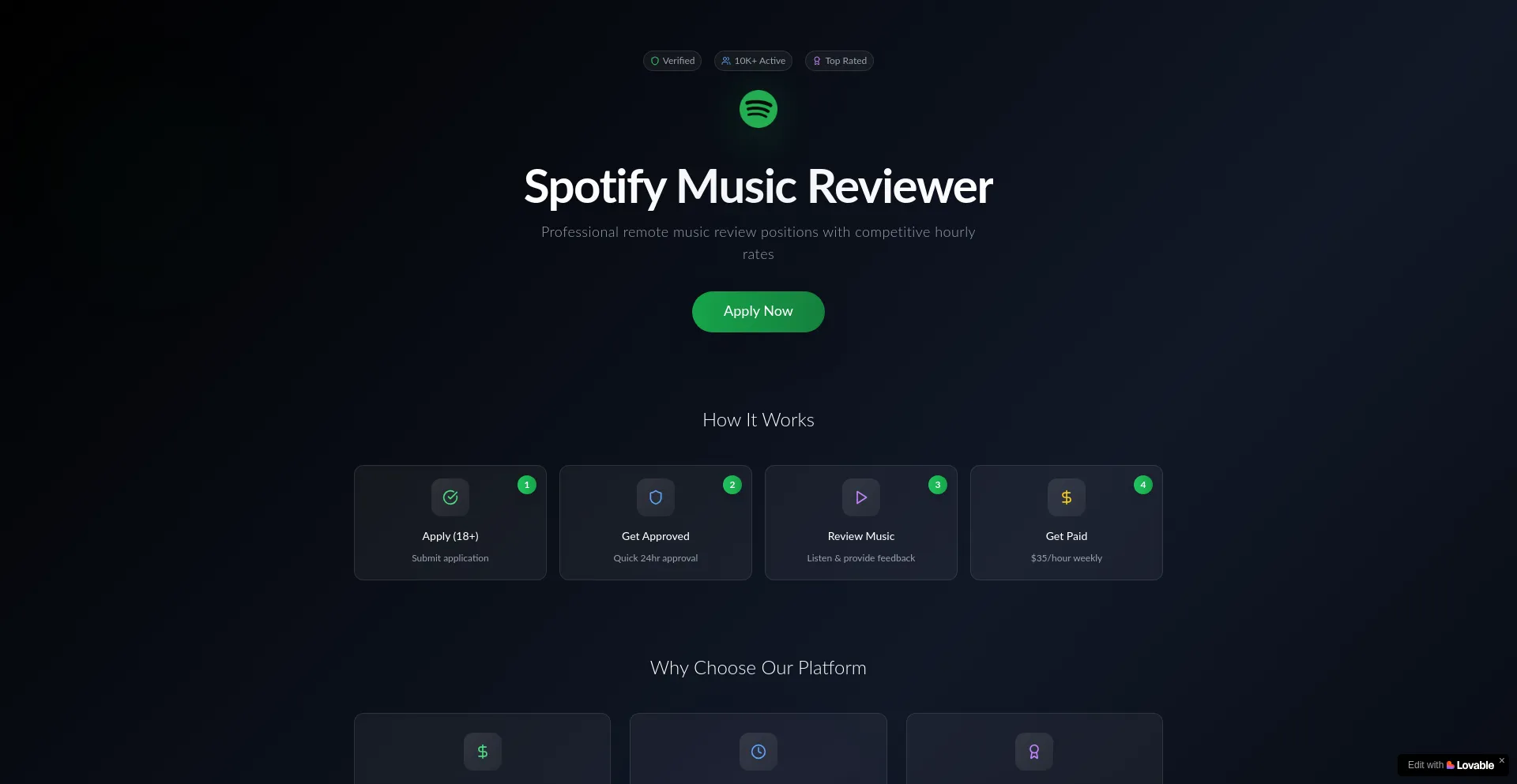 Website screenshot of Jobs-spotify.lovable.app