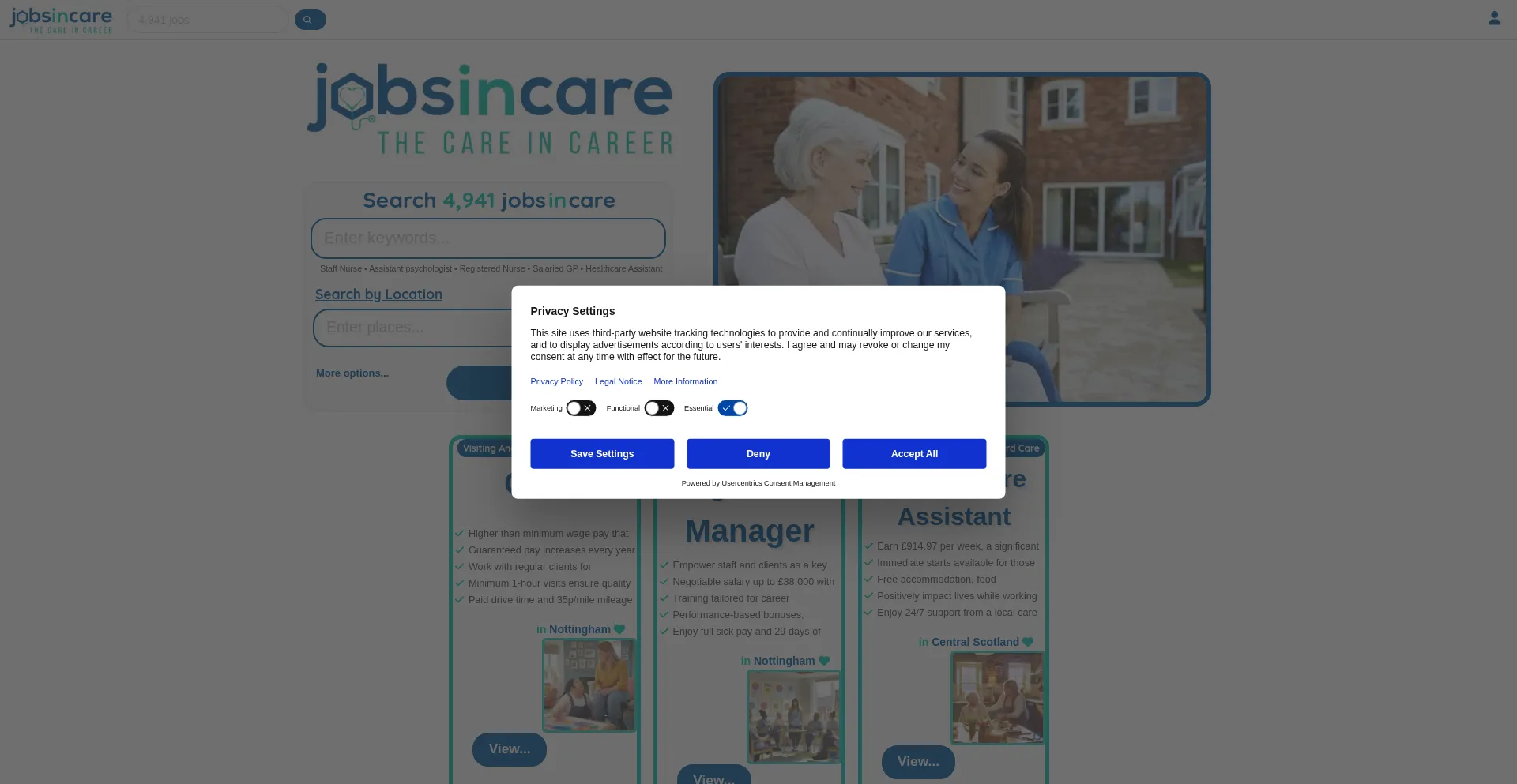 Website screenshot of Jobsincare.com