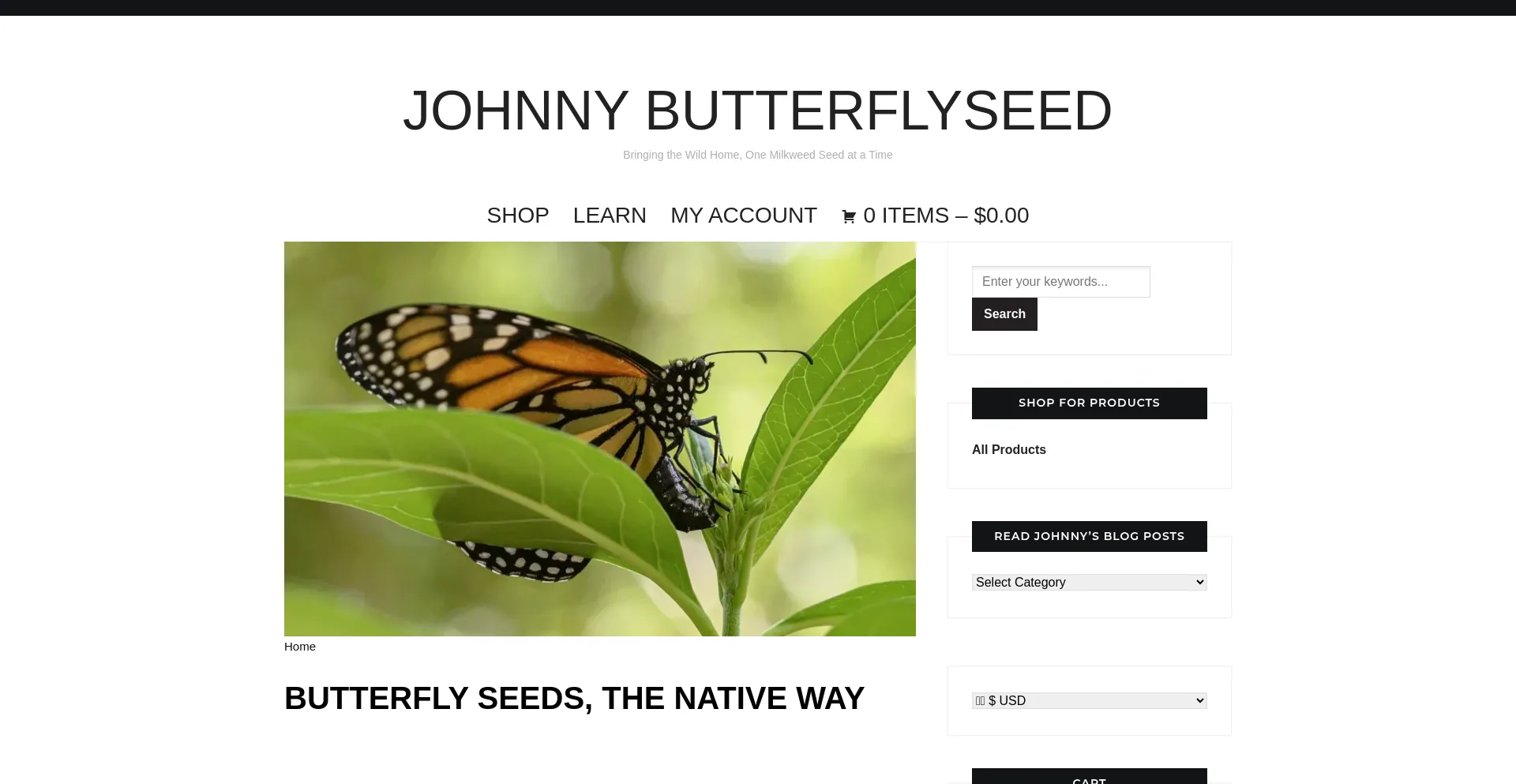Website screenshot of Johnnybutterflyseed.com