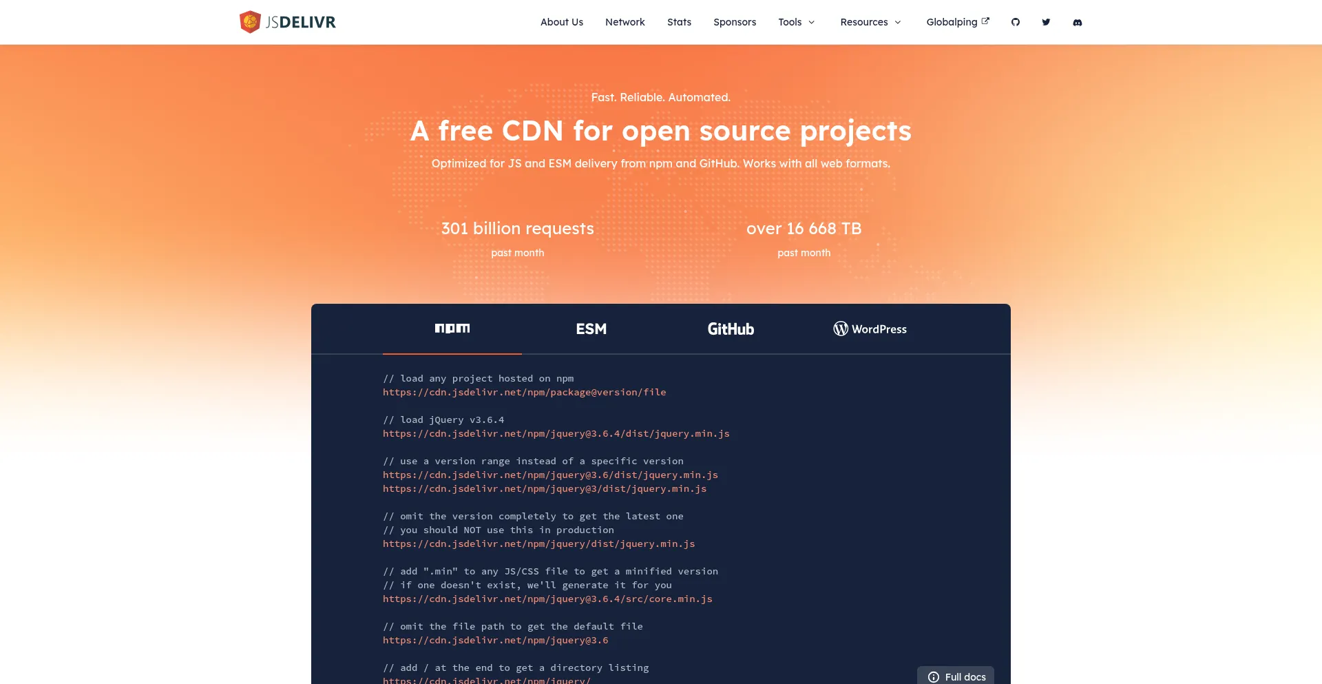 Website screenshot of Jsdelivr.com