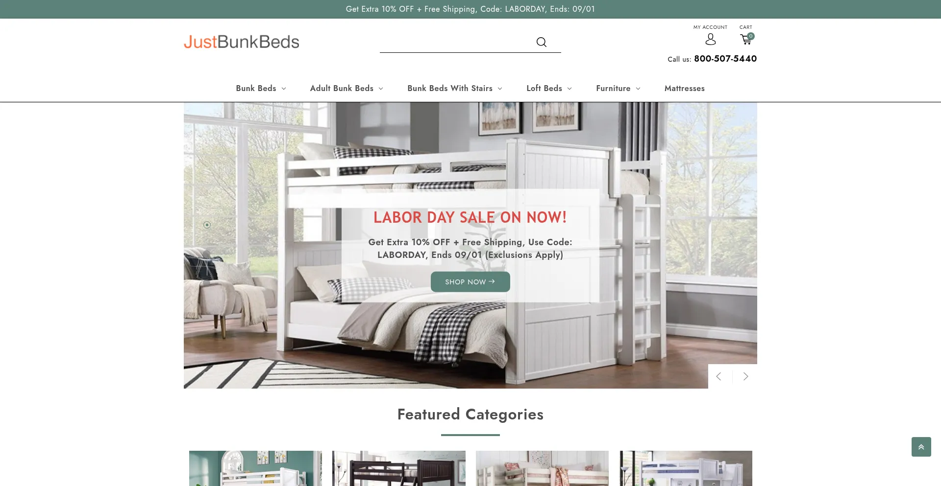 Website screenshot of Justbunkbeds.com