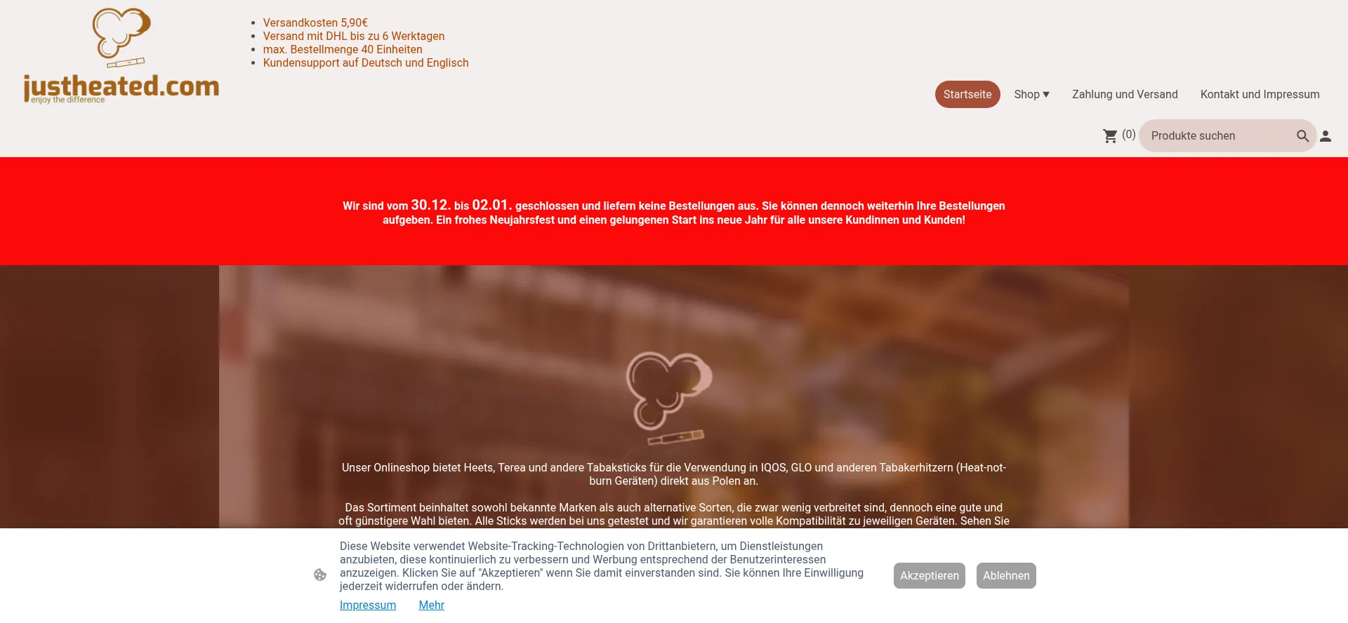 Website screenshot of Justheated.com