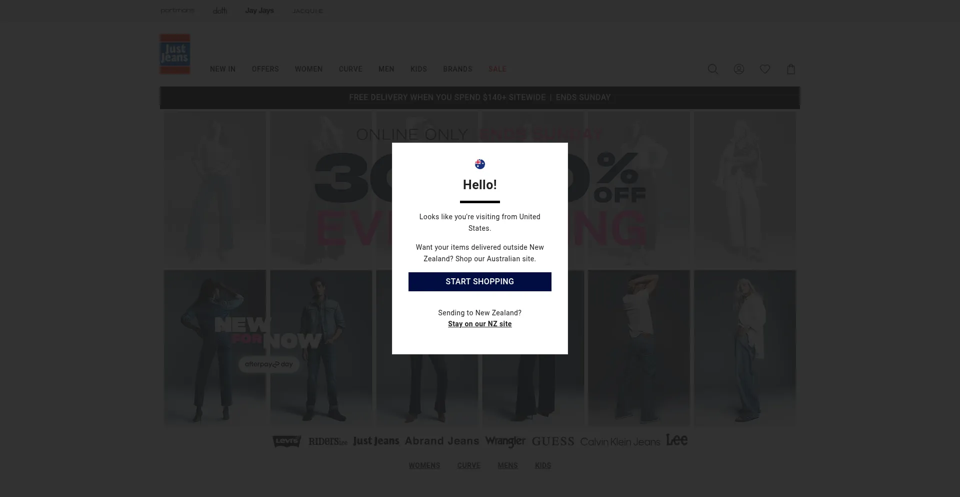 Website screenshot of Justjeans.jgl.co.nz