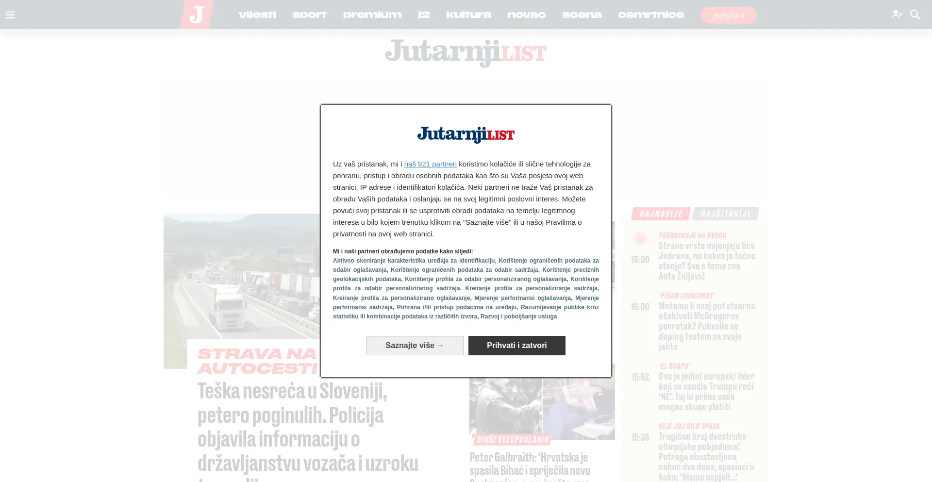 Website screenshot of Jutarnji.hr