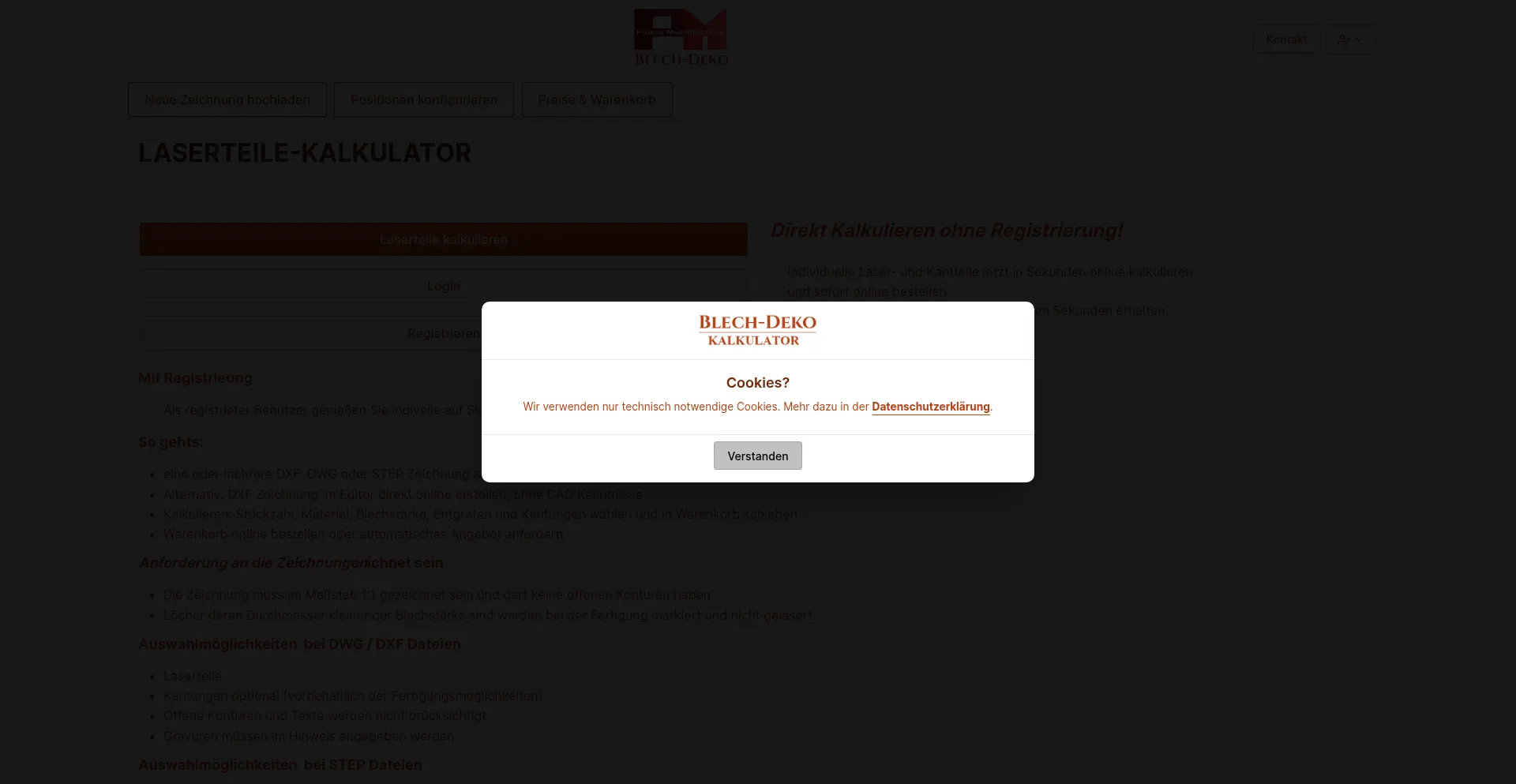 Website screenshot of Kalkulator.blech-deko.de