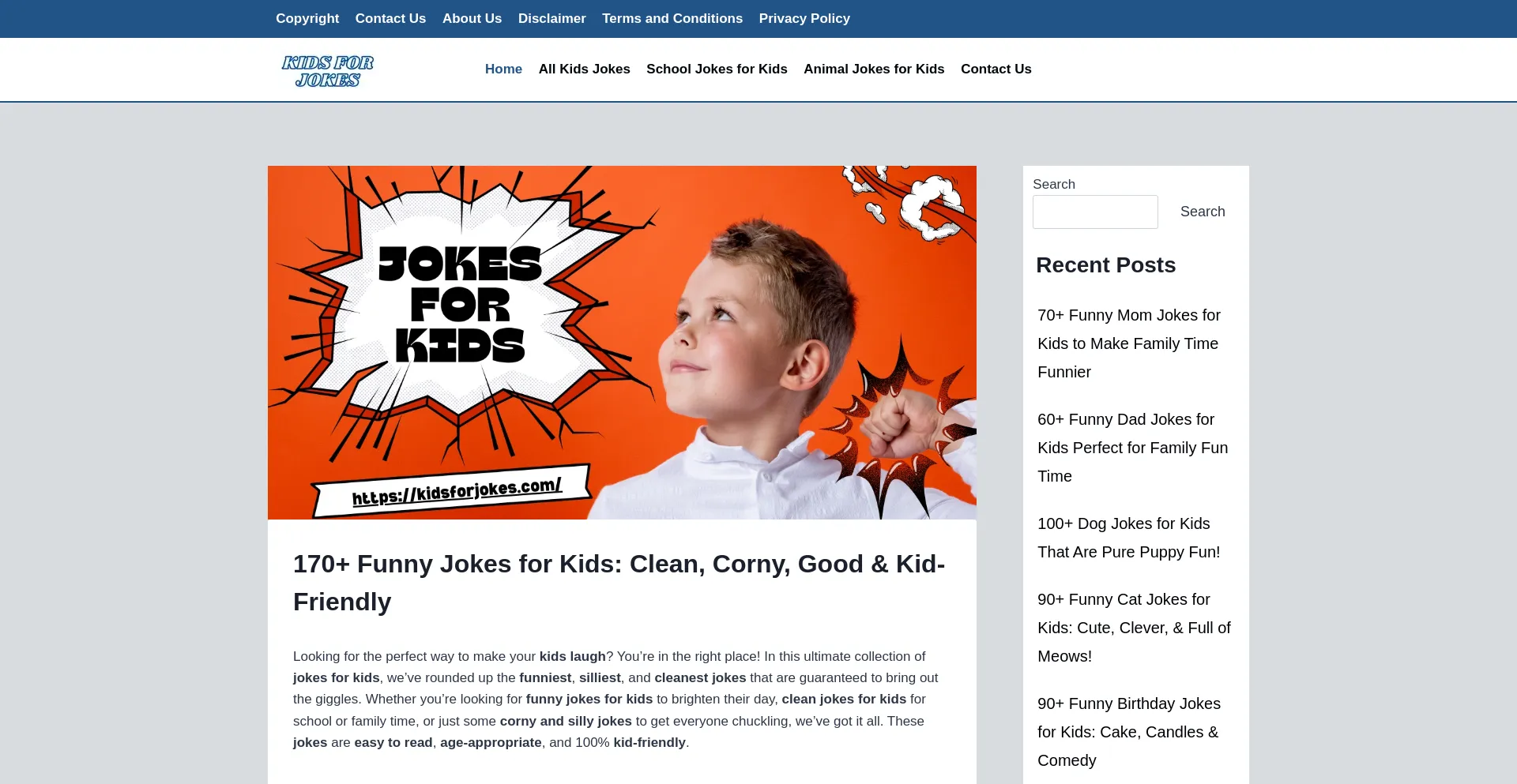 Website screenshot of Kidsforjokes.com