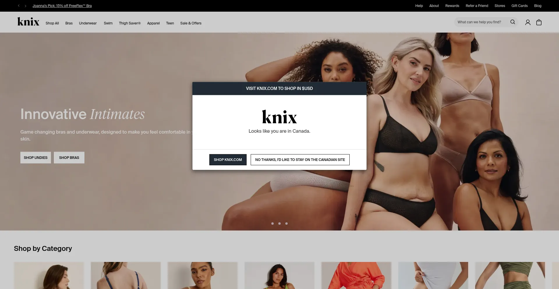 Website screenshot of Knix.ca