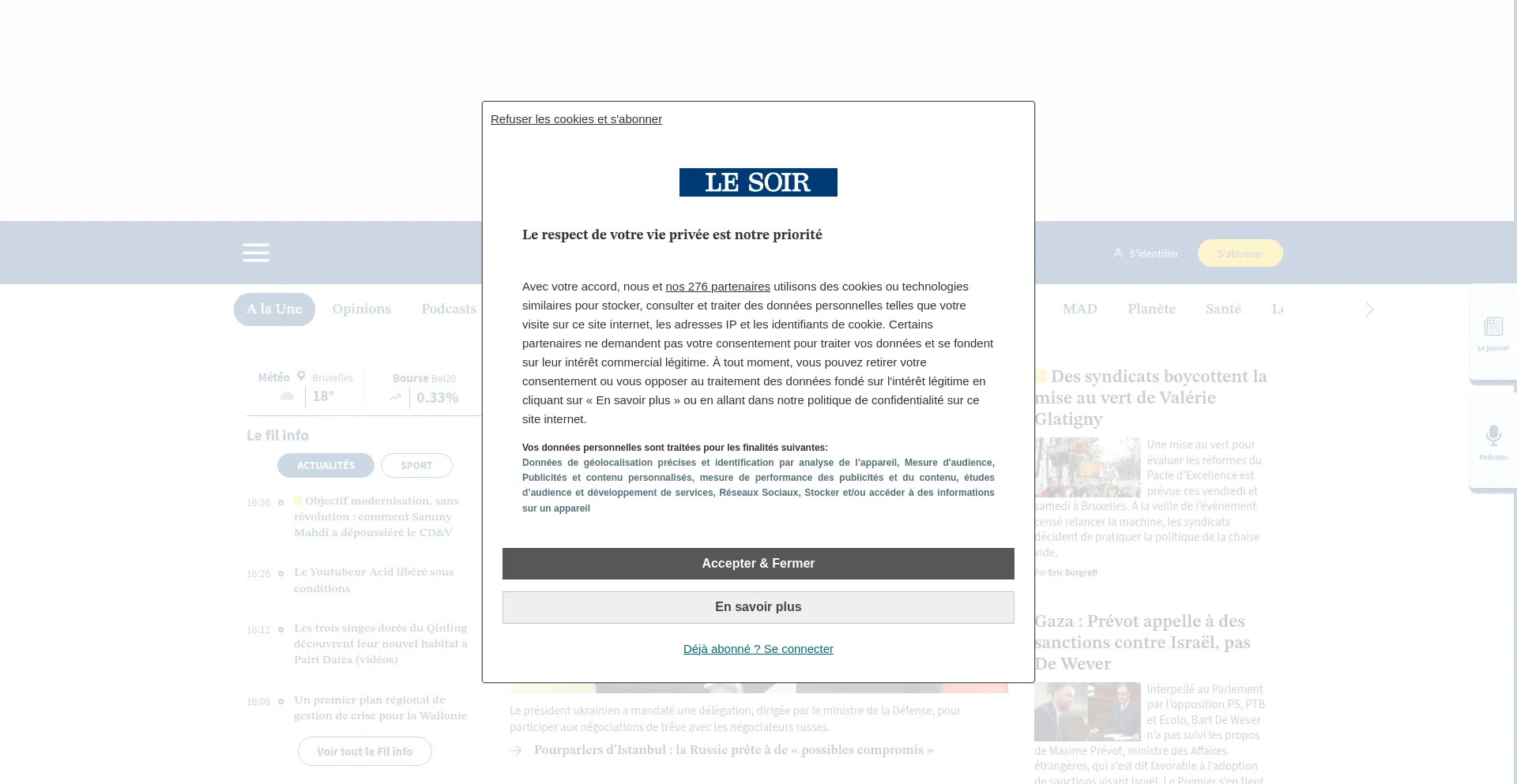 Website screenshot of Lesoir.be