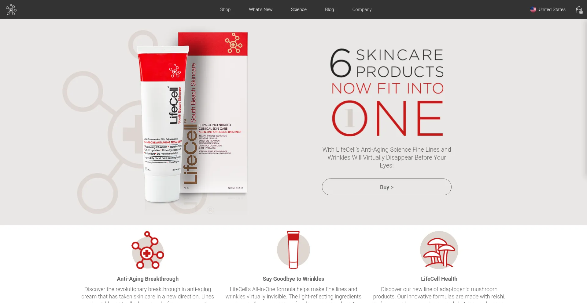 Website screenshot of Lifecellskin.com
