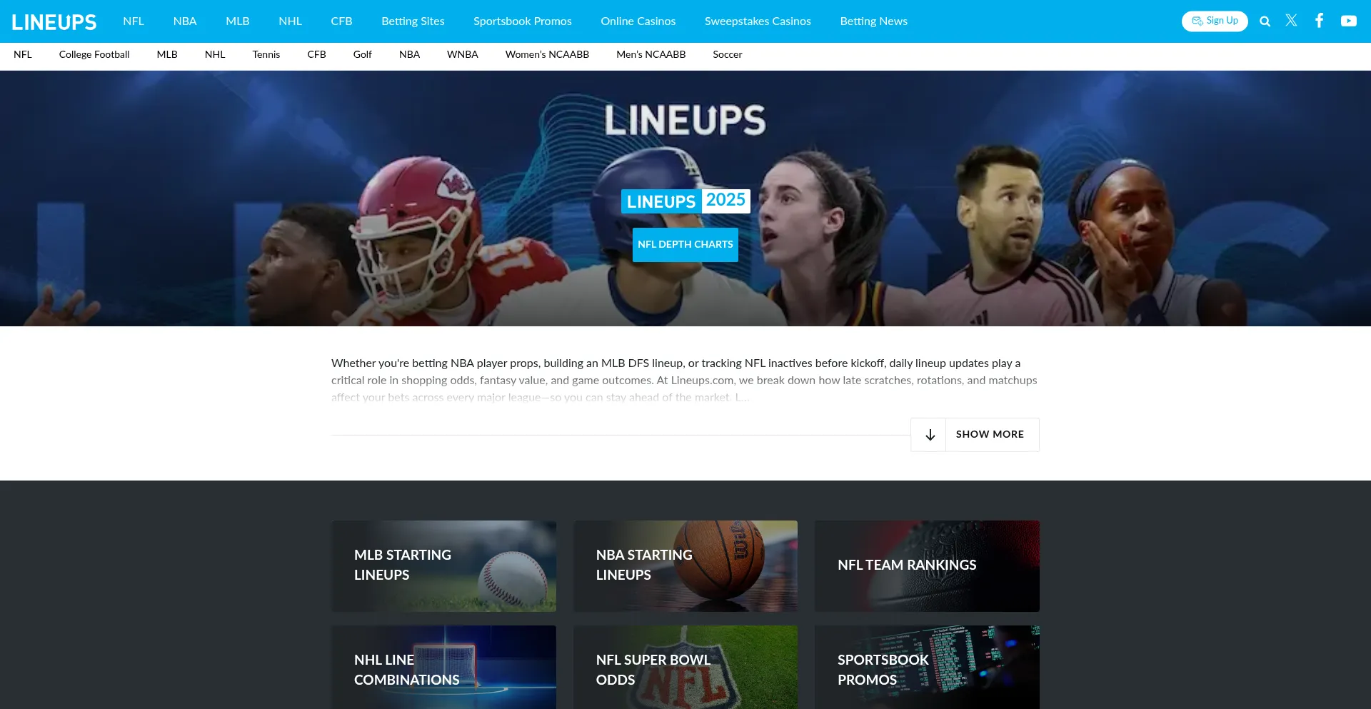 Website screenshot of Lineups.com