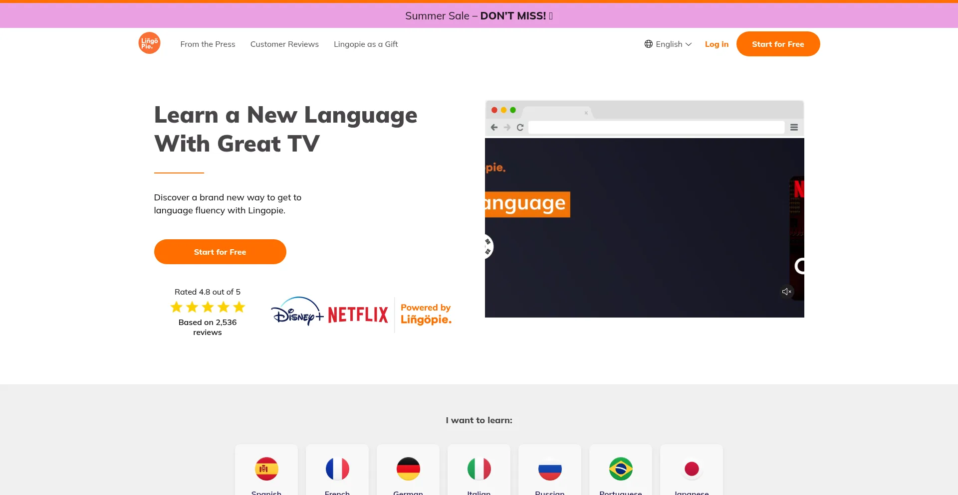 Website screenshot of Lingopie.com